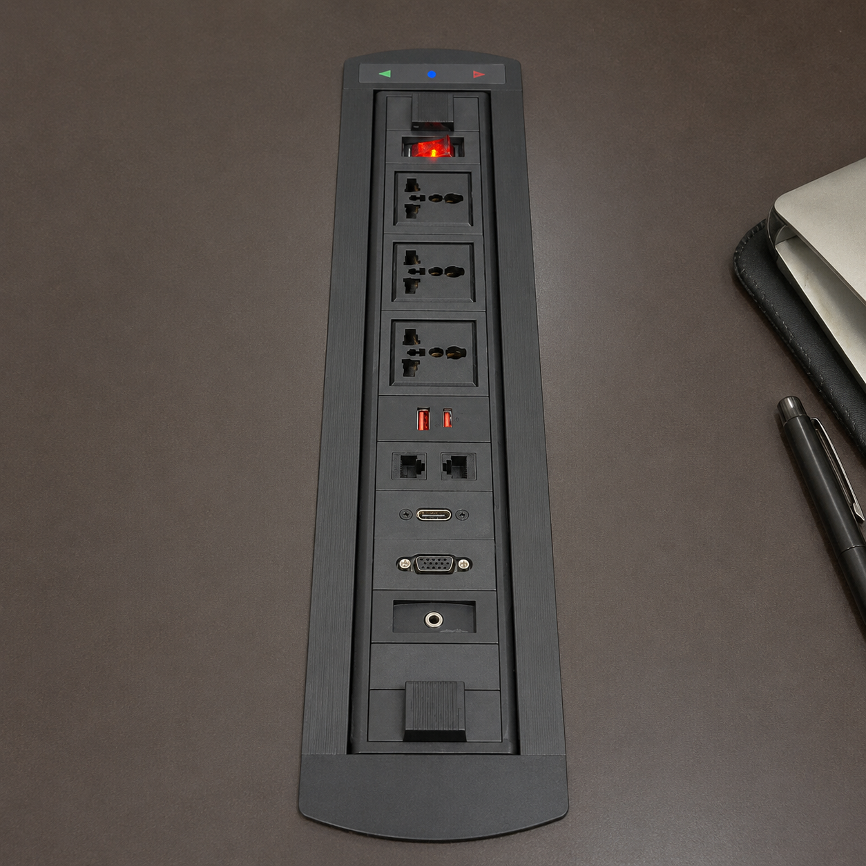 Motorized Rotating Pop-Up Box with 3 Universal Power Sockets, Audio Ports | Aluminum Tabletop Power Module for Conference and Director Tables