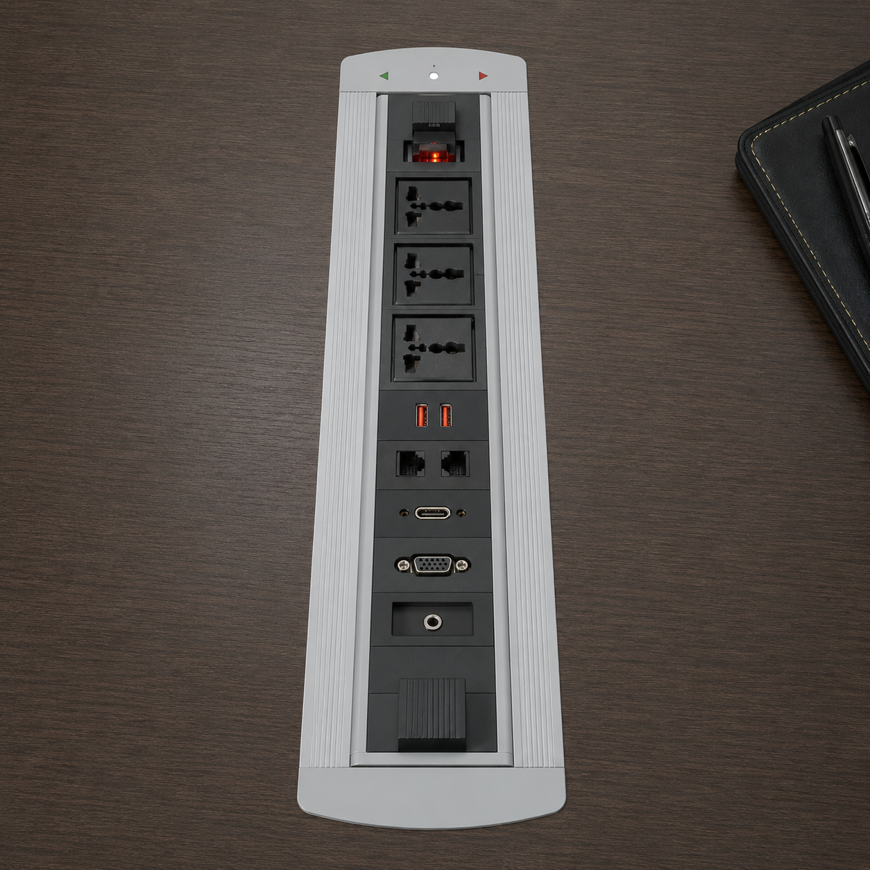 Motorized Rotating Pop-Up Box with 3 Universal Power Sockets, Audio Ports | Aluminum Tabletop Power Module for Conference and Director Tables