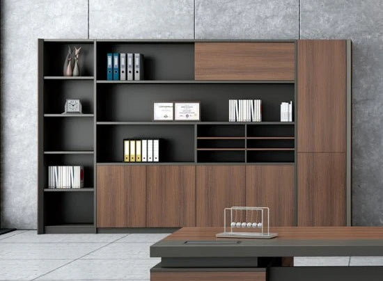Grand Executive Wall Storage System with Multi-Tier Open Bookshelf, and Four-Door Lower Storage Cabinets for the office Furniture