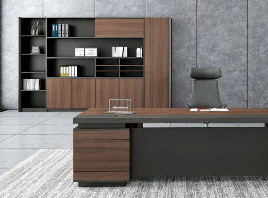 Grand Executive Wall Storage System with Multi-Tier Open Bookshelf, and Four-Door Lower Storage Cabinets for the office Furniture