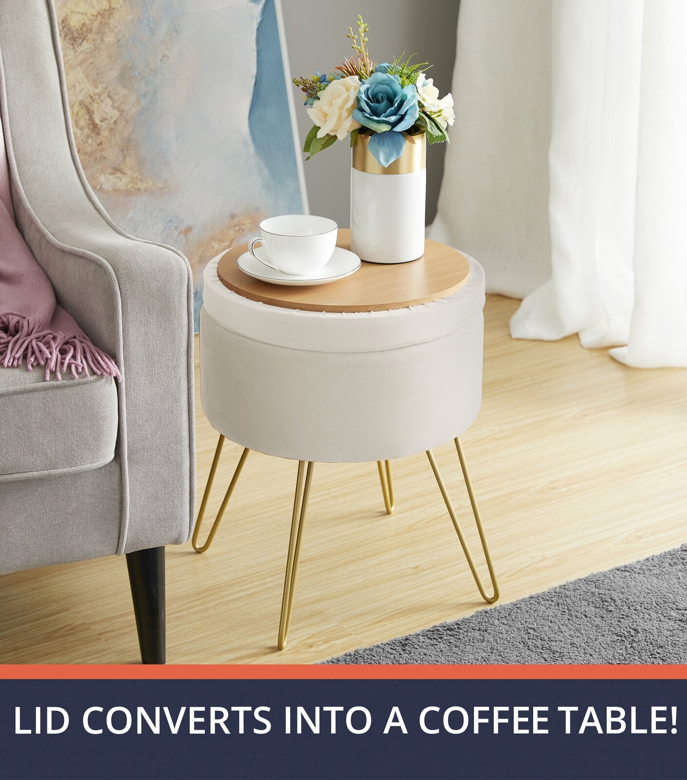 फ़ैब्रिक अपहोल्स्ट्री और मेटल लेग्स बेस पाउफ़ स्टोरेज के साथ