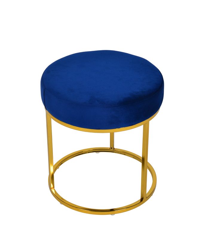 Luxurious Blue Velvet Ottoman with Gold Metal Frame - Chic Round Footstool & Vanity Seat for Home Furniture