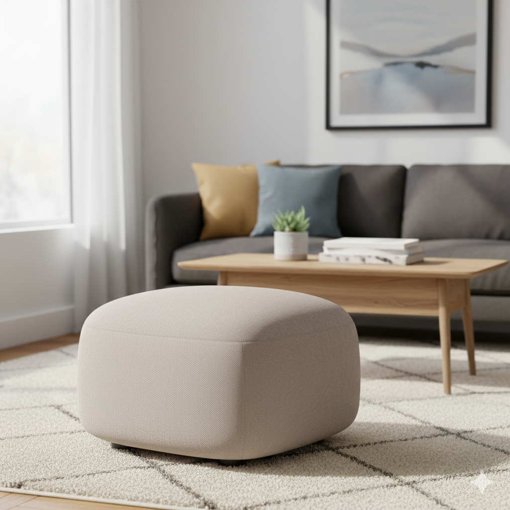 फ़ैब्रिक अपहोल्स्ट्री और लकड़ी के बेस वाला पाउफ़