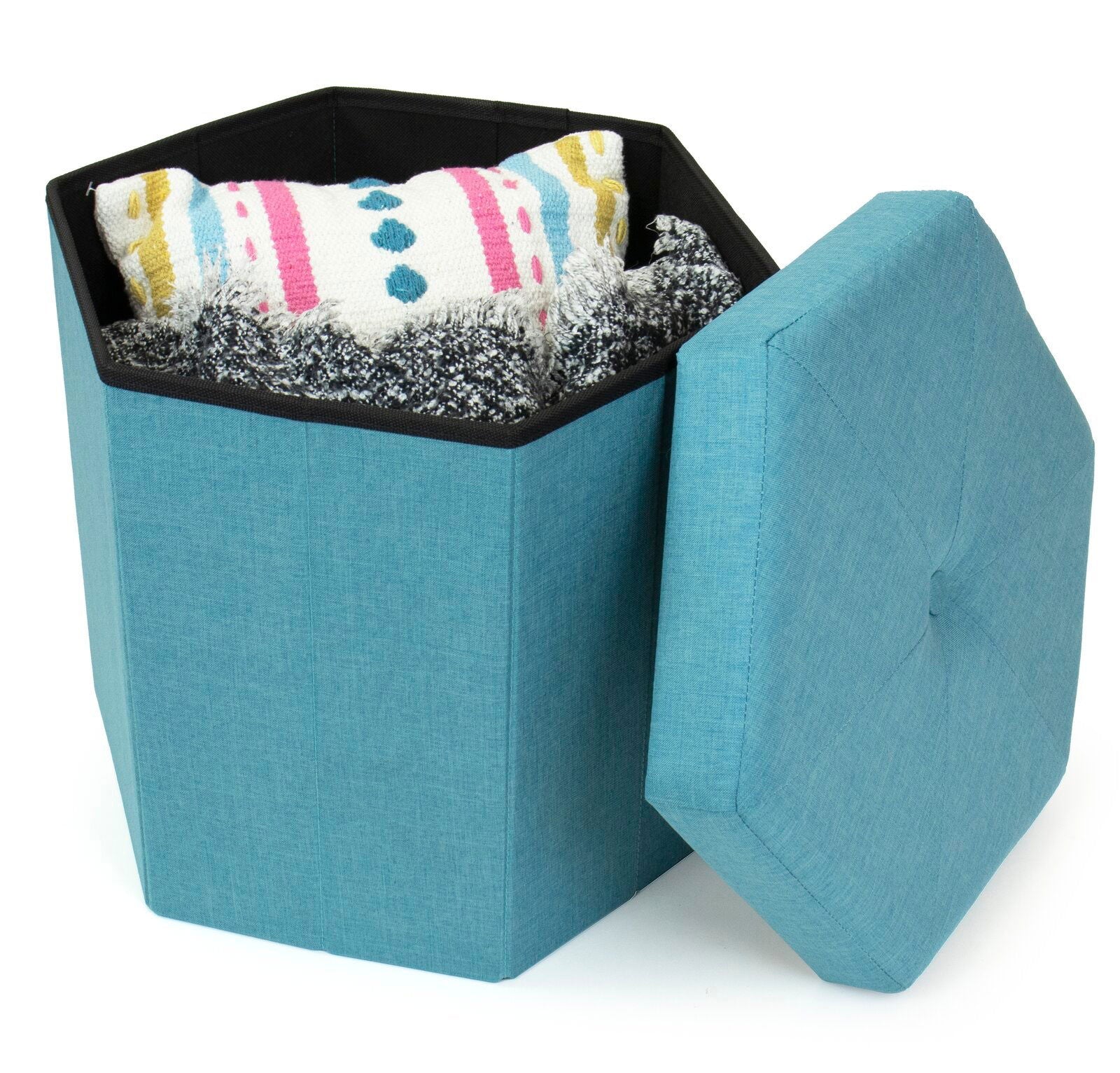 Pouffe with Storage Fabric Upholstery & Wooden Base -