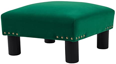 Modern Emerald Green Velvet Ottoman Footstool, Square Pouffe with Nailhead Trim and Solid Wood Legs for Living Room