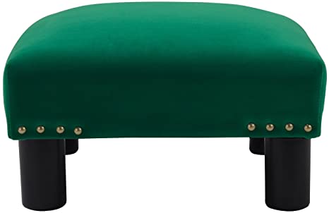 Modern Emerald Green Velvet Ottoman Footstool, Square Pouffe with Nailhead Trim and Solid Wood Legs for Living Room