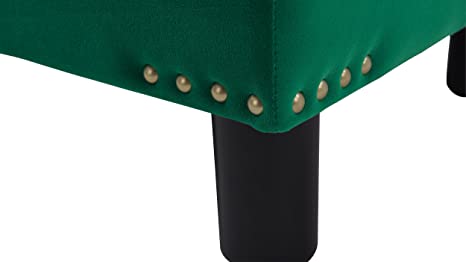 Modern Emerald Green Velvet Ottoman Footstool, Square Pouffe with Nailhead Trim and Solid Wood Legs for Living Room