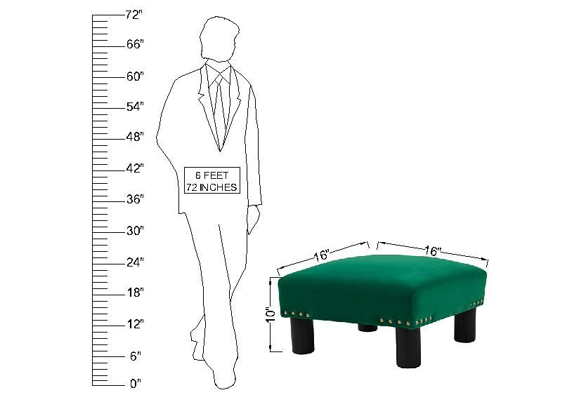 Modern Emerald Green Velvet Ottoman Footstool, Square Pouffe with Nailhead Trim and Solid Wood Legs for Living Room