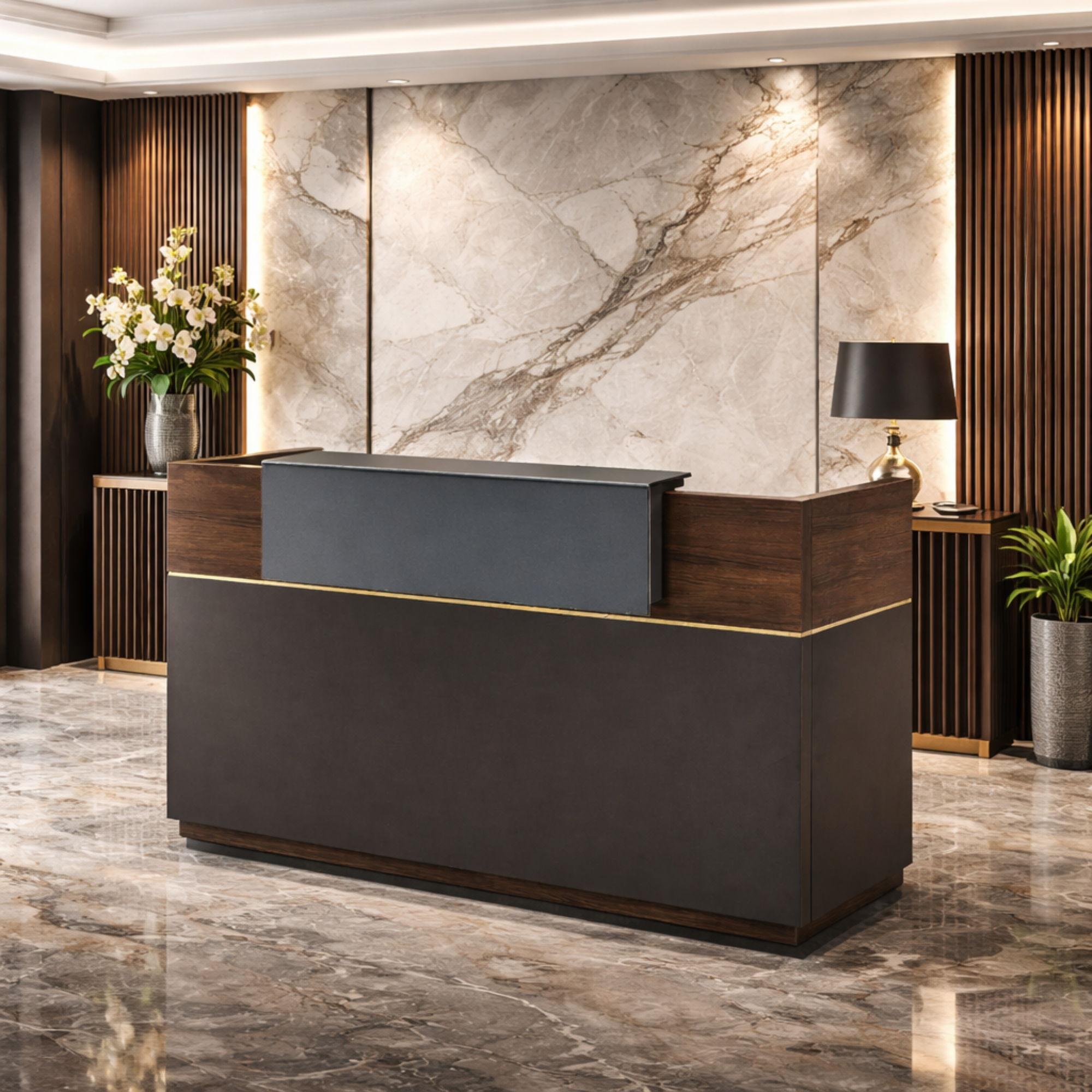 Reception Table C shaped high front panel with wood and laminate for lasting durability, natural feel and luxurious looks