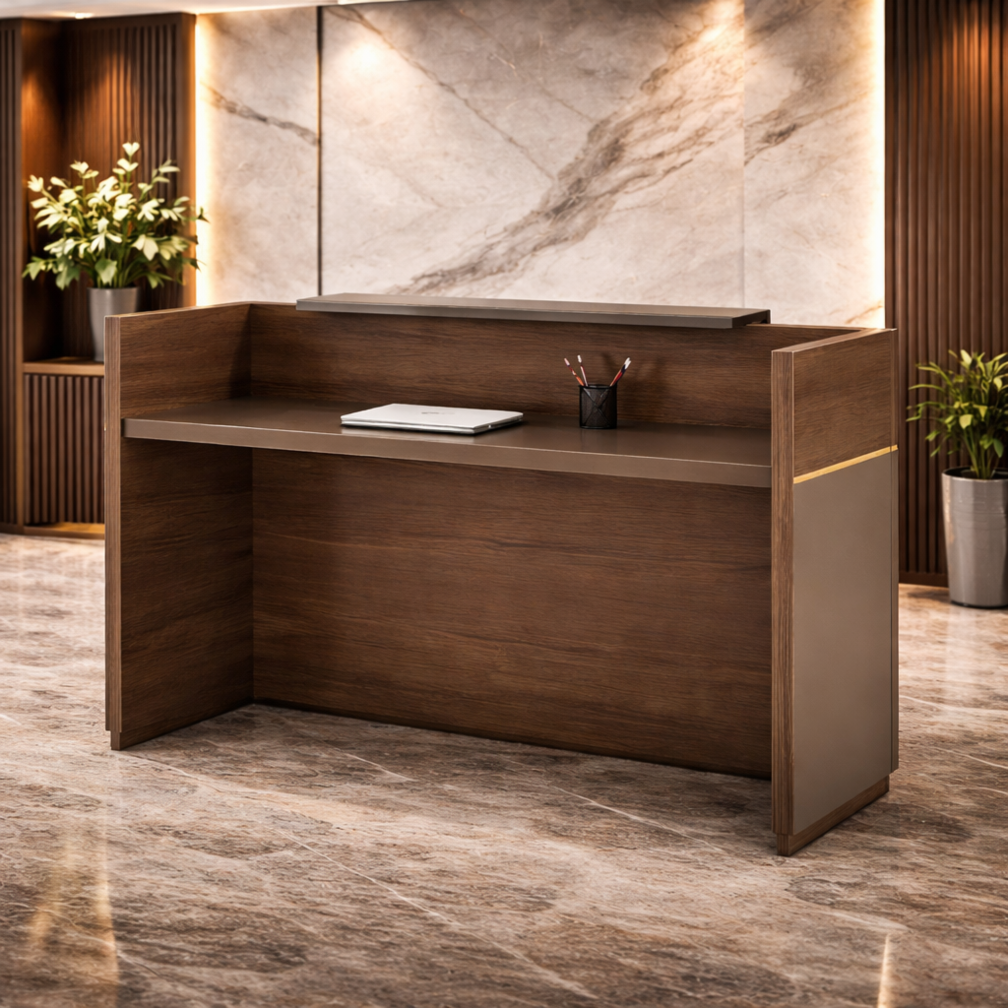 Reception Table C shaped high front panel with wood and laminate for lasting durability, natural feel and luxurious looks