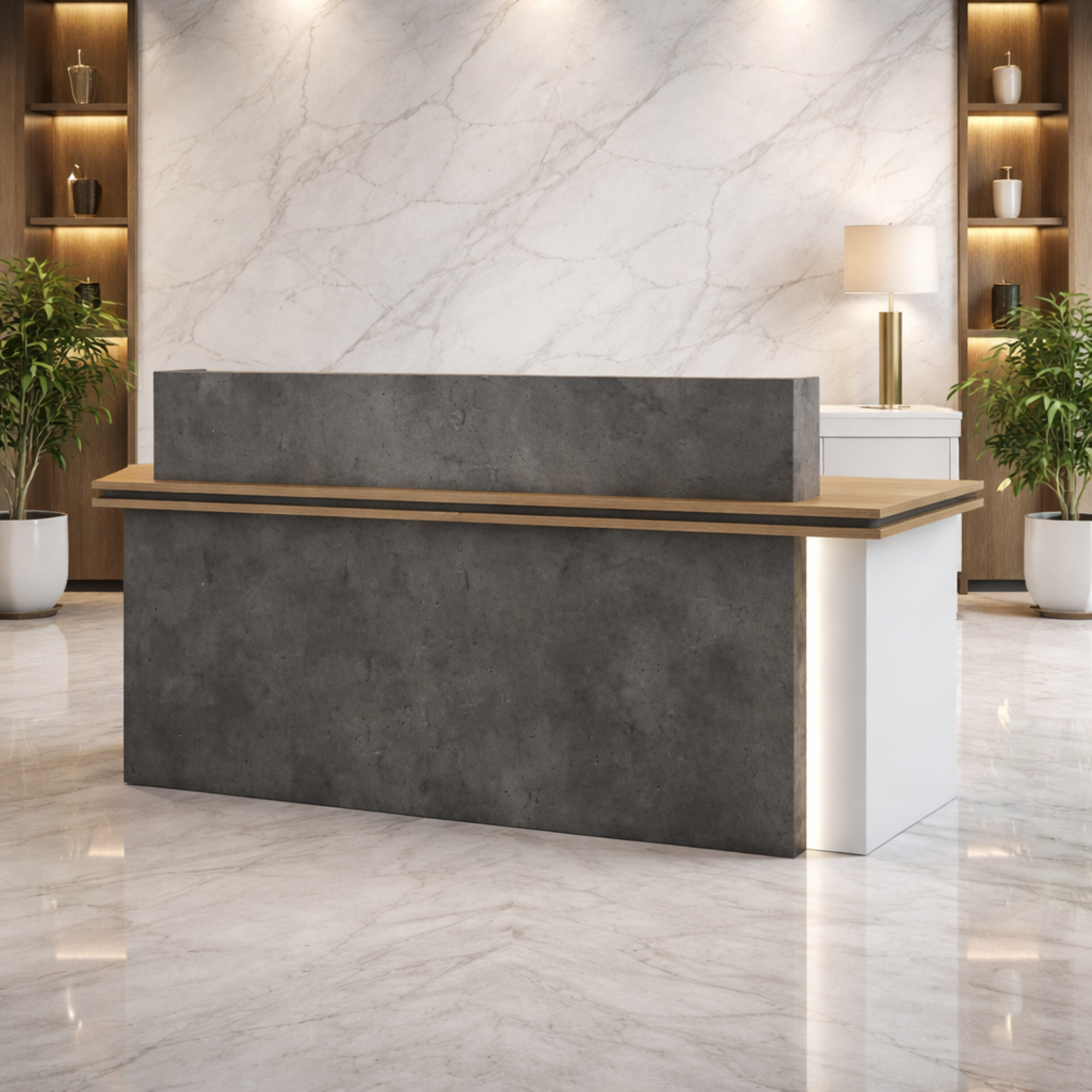 টেকসই স্থায়িত্ব এবং সমসাময়িক স্টোন ফিনিশের জন্য ইঞ্জিনিয়ারড কাঠ দিয়ে তৈরি অভ্যর্থনা টেবিল ল্যামিনেট ফ্রন্ট প্যানেল