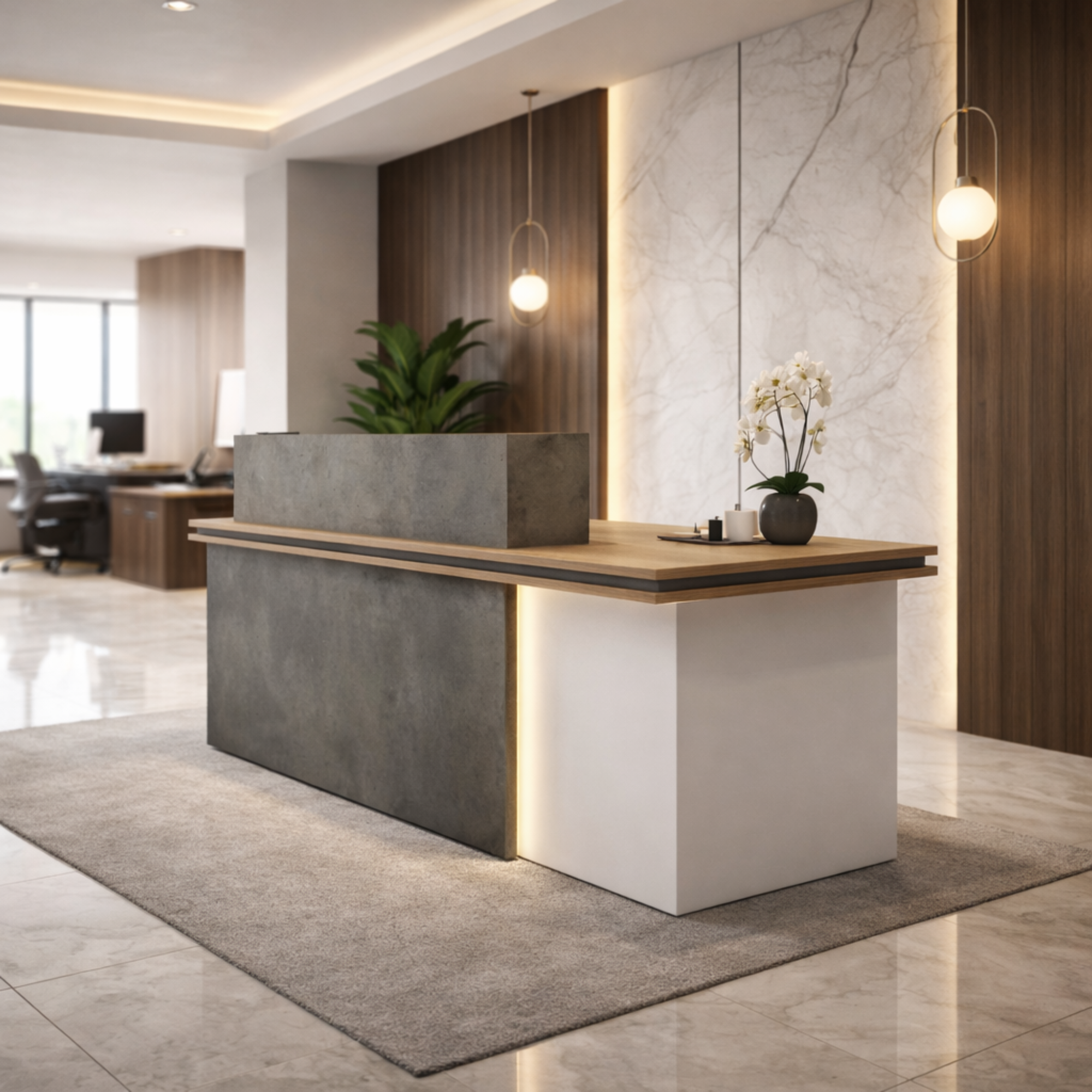 Reception Table Made In Engineered Wood Is Includes One Fixed Storage Pedestal and, Inbuilt Wire Management Grommet