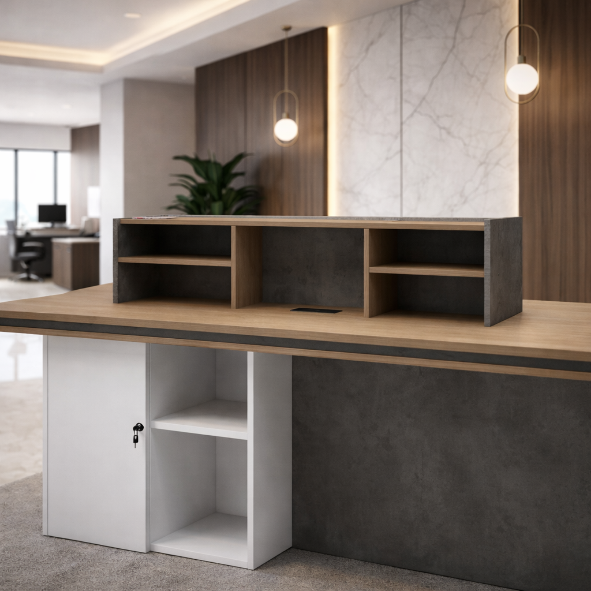 Reception Table Made In Engineered Wood Is Includes One Fixed Storage Pedestal and, Inbuilt Wire Management Grommet