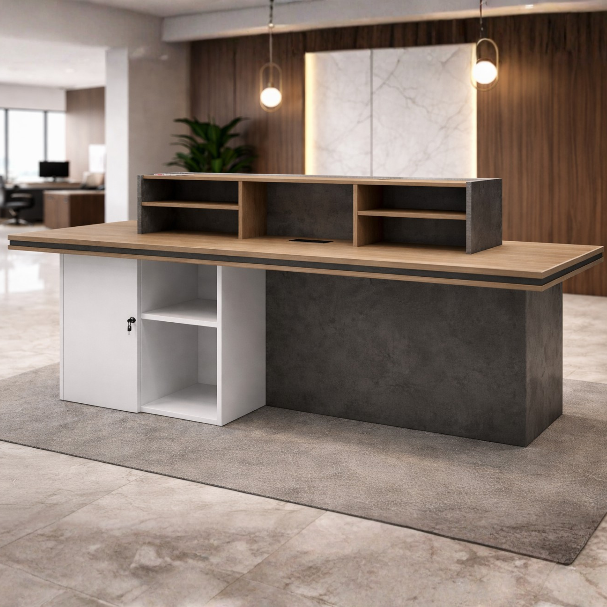 Reception Table Made In Engineered Wood Is Includes One Fixed Storage Pedestal and, Inbuilt Wire Management Grommet