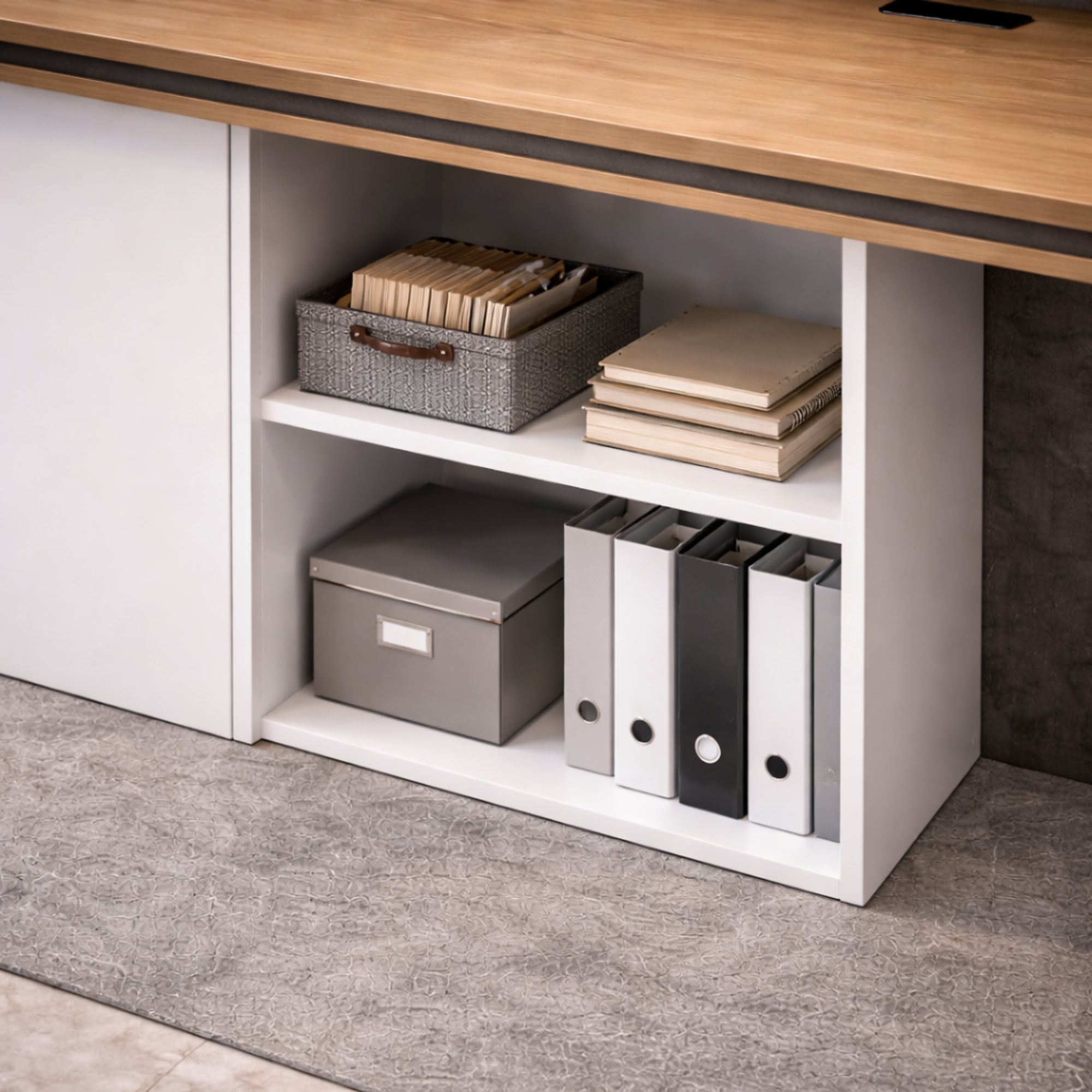 Reception Table Made In Engineered Wood Is Includes One Fixed Storage Pedestal and, Inbuilt Wire Management Grommet