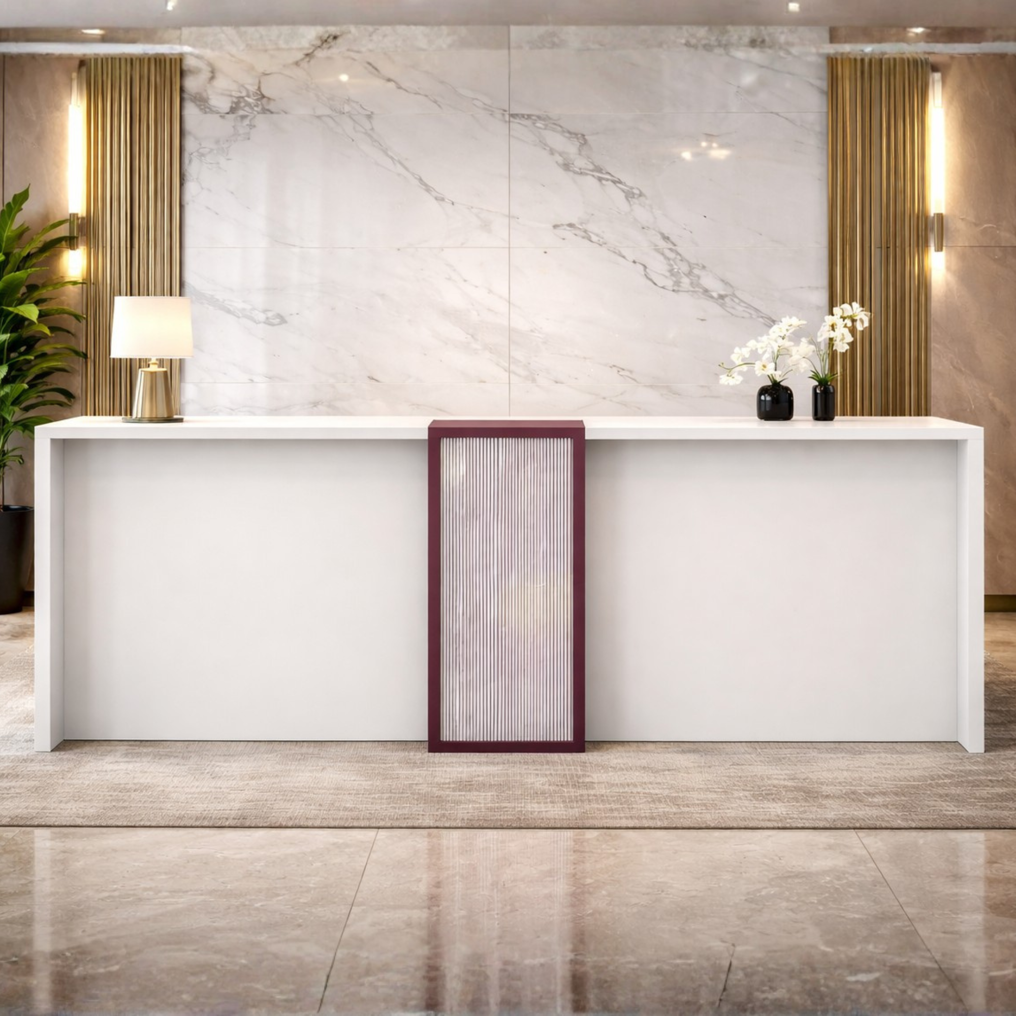 ইঞ্জিনিয়ারড কাঠ দিয়ে তৈরি রিসেপশন টেবিলটি সিগাল ধূসর এবং ক্যানিয়ন লাল রঙের, যার সামনের প্যানেলটি বাঁশিযুক্ত অ্যাক্রিলিক ব্যাকলিট এবং নাশপাতি কাঠের ল্যামিনেট দিয়ে সজ্জিত।