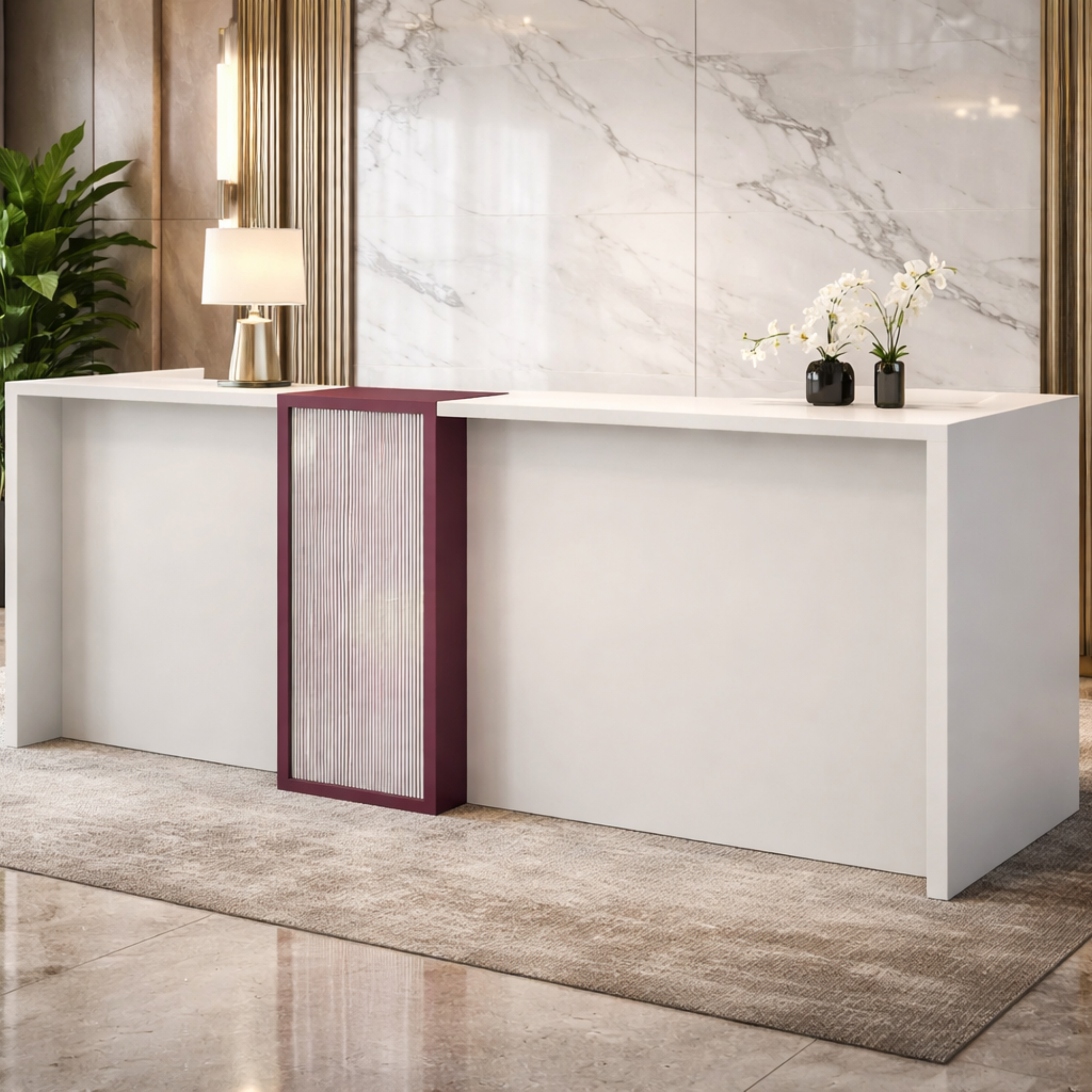 Reception Table Made In Engineered Wood Is Seagull Grey and Canyon Red Having A Fluted Acrylic Backlit Front Panel and Finished In Pear Wood Laminate