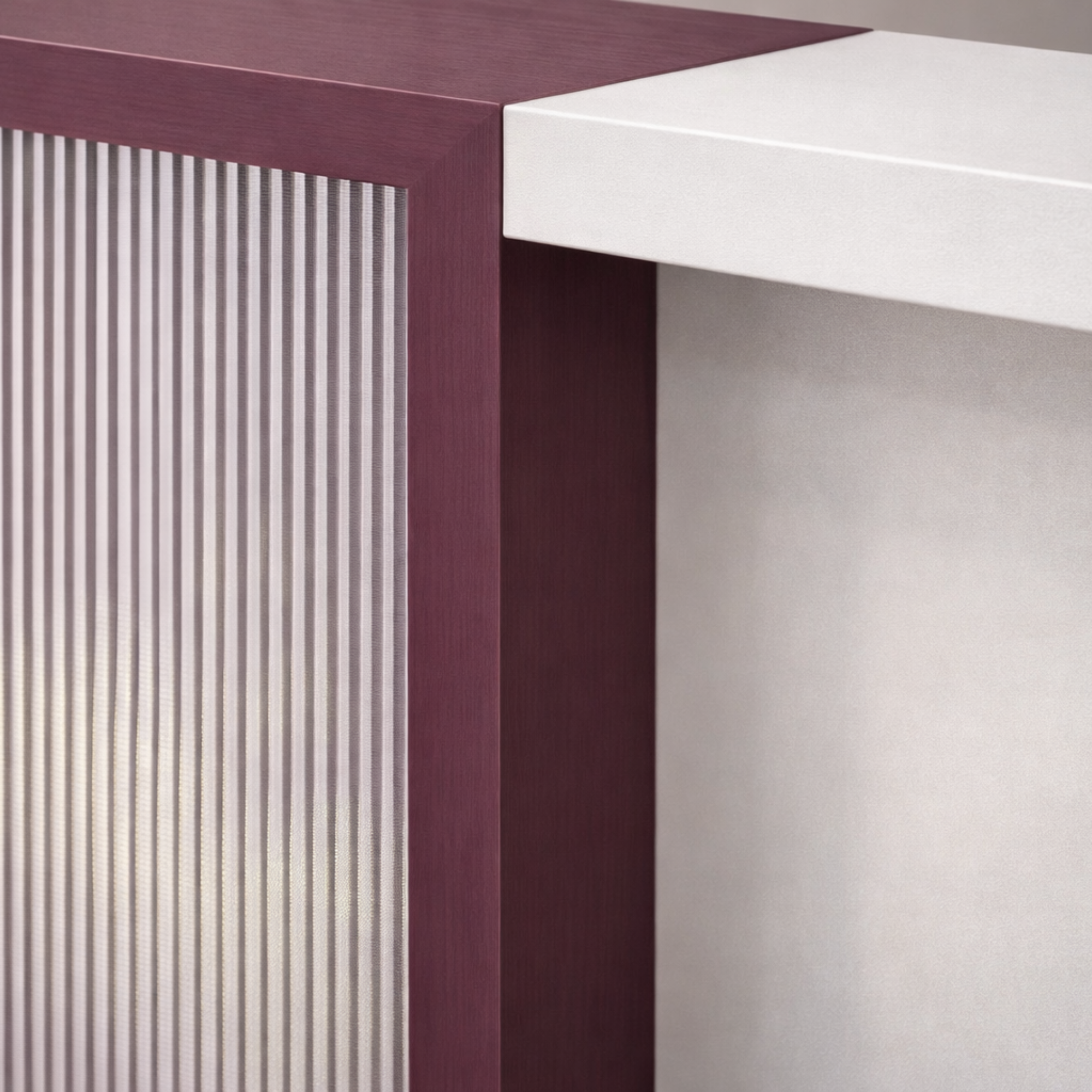 Reception Table Made In Engineered Wood Is Seagull Grey and Canyon Red Having A Fluted Acrylic Backlit Front Panel and Finished In Pear Wood Laminate