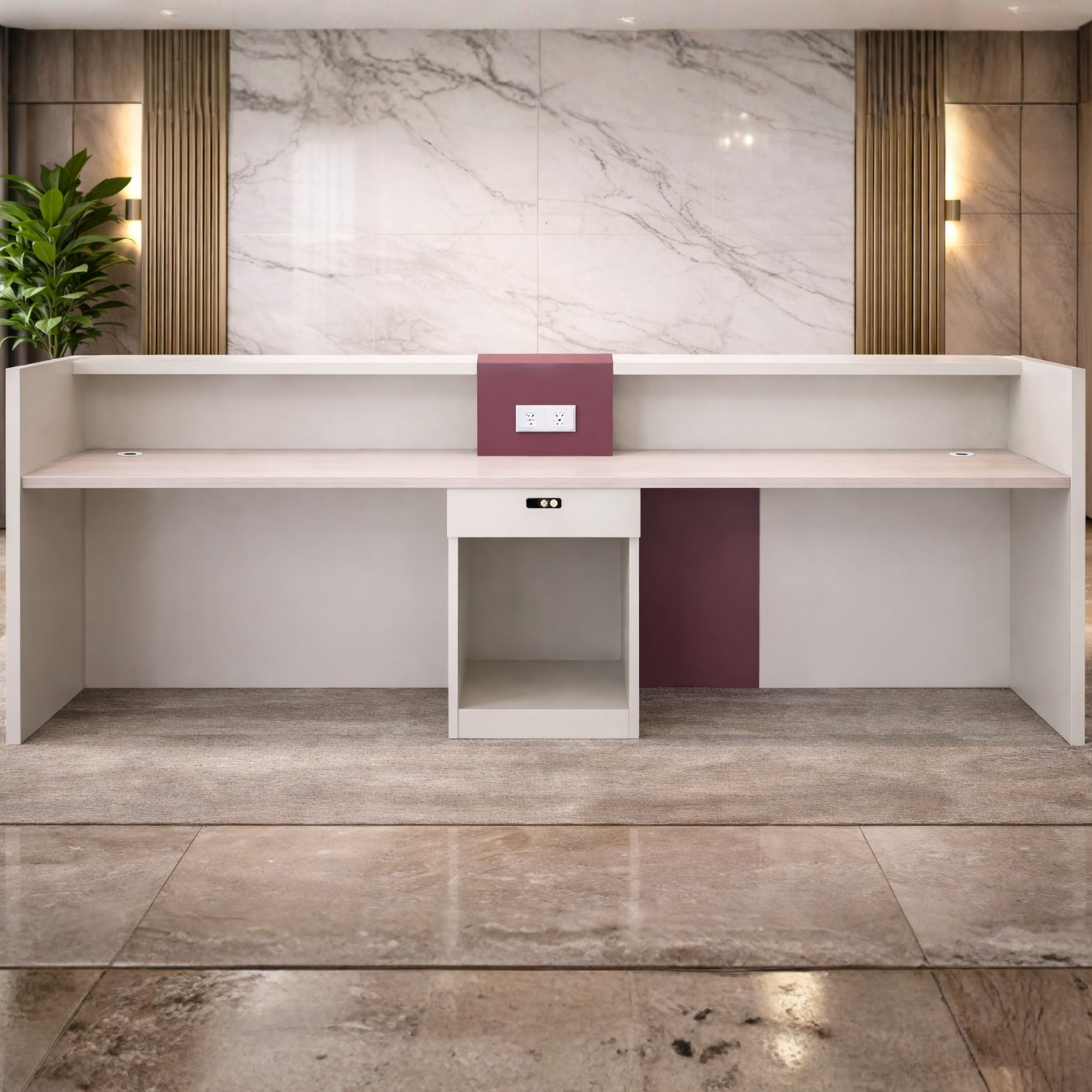 Reception Table Made In Engineered Wood Is Seagull Grey and Canyon Red Having A Fluted Acrylic Backlit Front Panel and Finished In Pear Wood Laminate