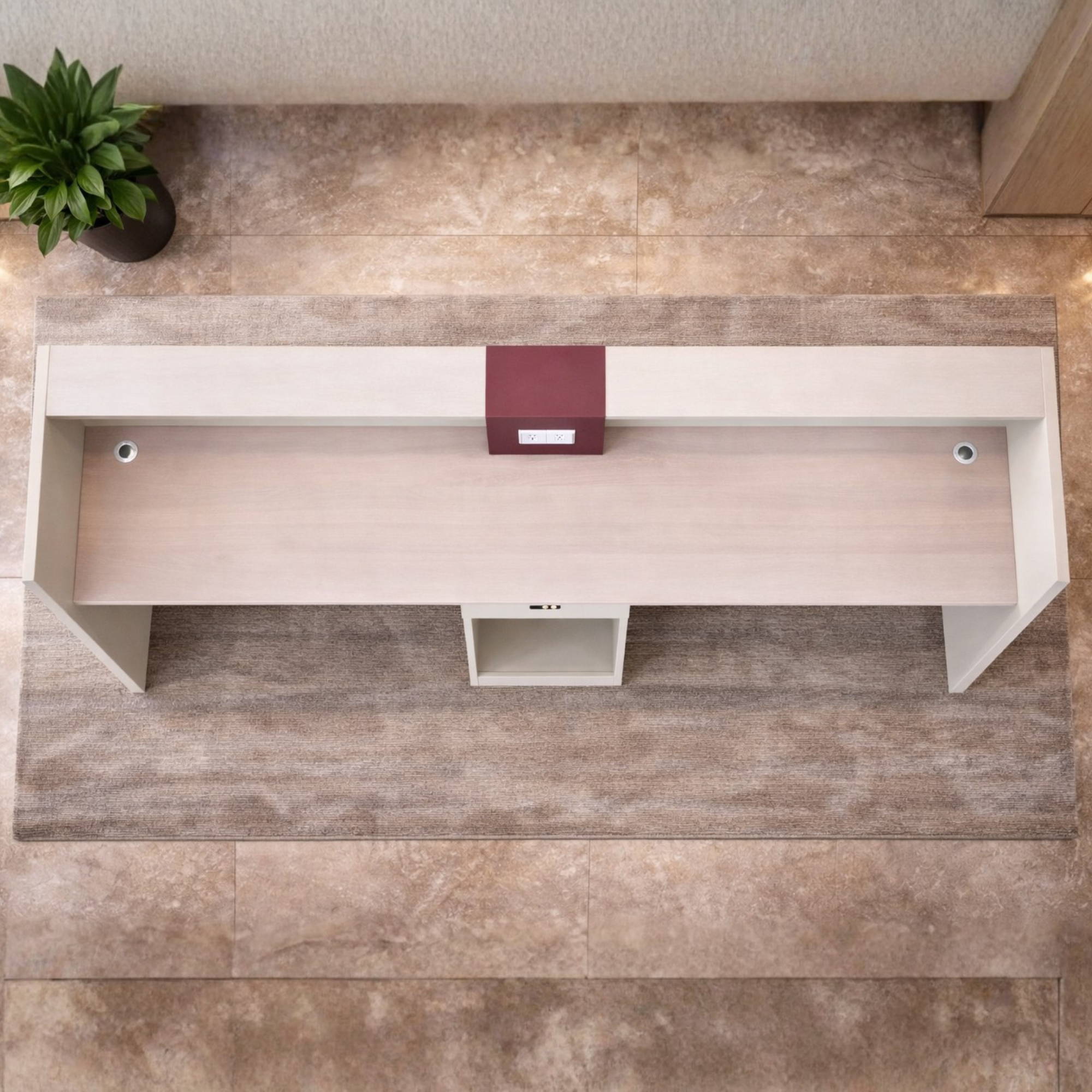 Reception Table Made In Engineered Wood Is Seagull Grey and Canyon Red Having A Fluted Acrylic Backlit Front Panel and Finished In Pear Wood Laminate