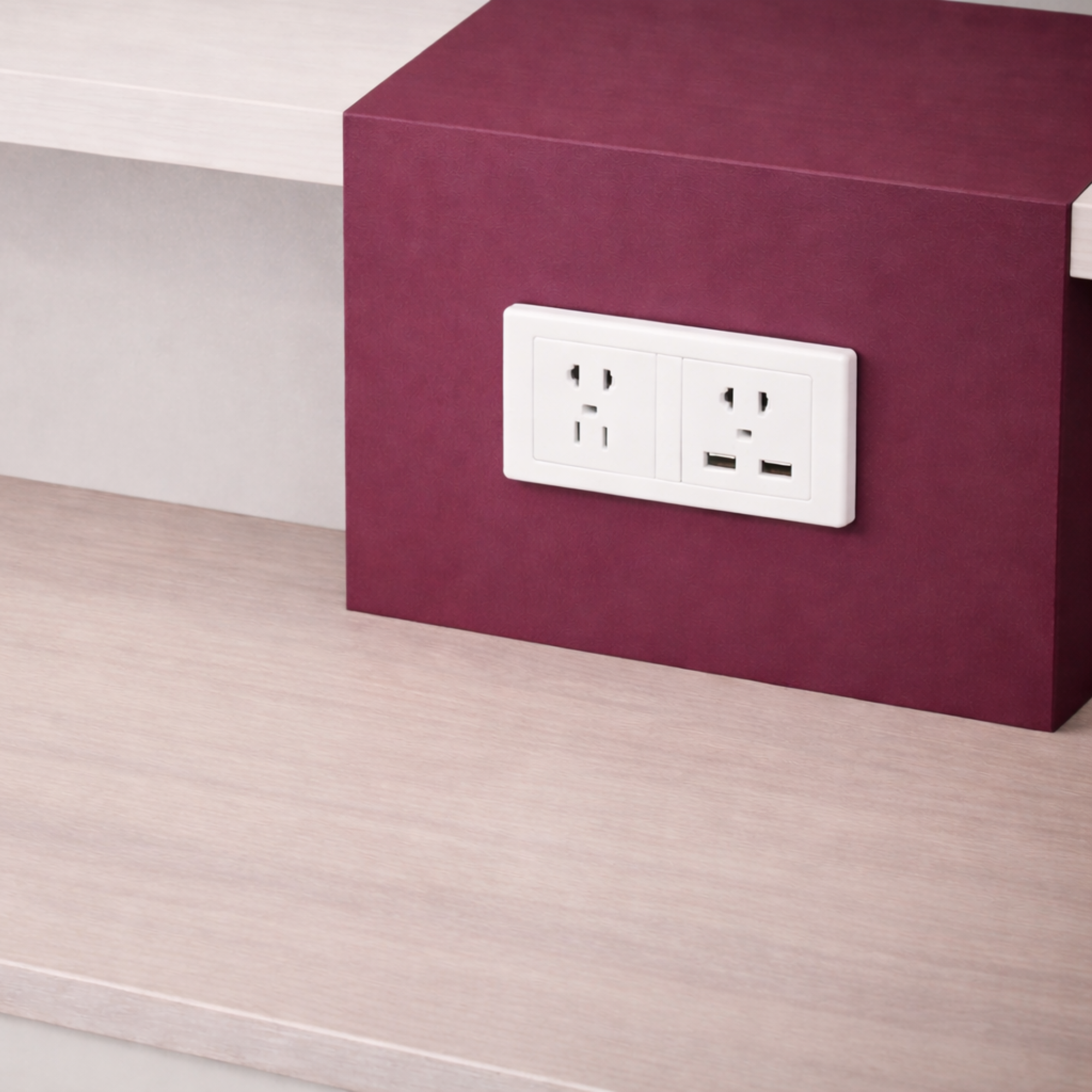 Reception Table Made In Engineered Wood Is Seagull Grey and Canyon Red Having A Fluted Acrylic Backlit Front Panel and Finished In Pear Wood Laminate