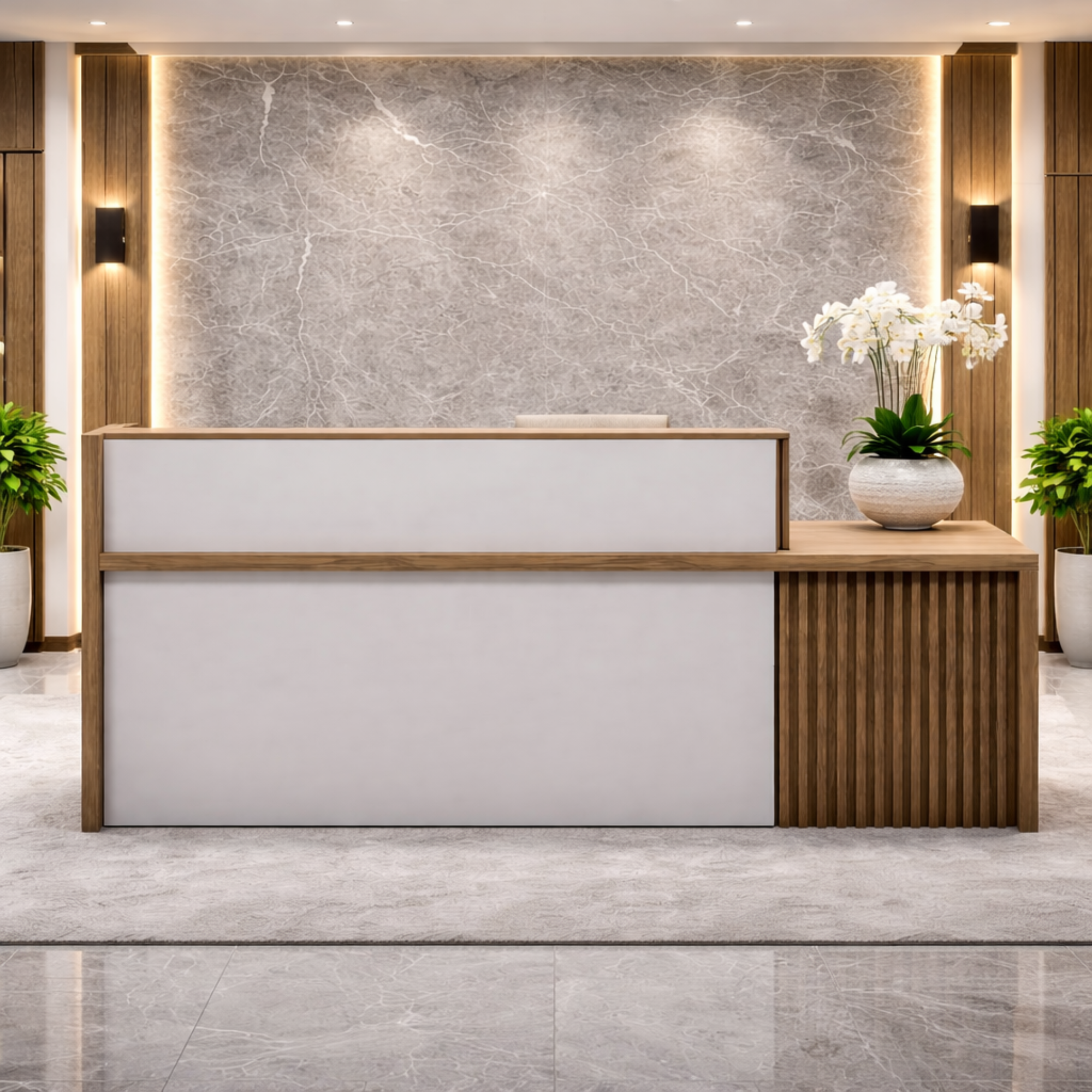 এক থেকে দুই জনের বসার ক্ষমতা সম্পন্ন ইঞ্জিনিয়ারড কাঠ দিয়ে তৈরি অভ্যর্থনা টেবিলটি সিগাল গ্রে এবং স্যান্ডেলউড ল্যামিনেটের সংমিশ্রণে ডিজাইন করা হয়েছে।