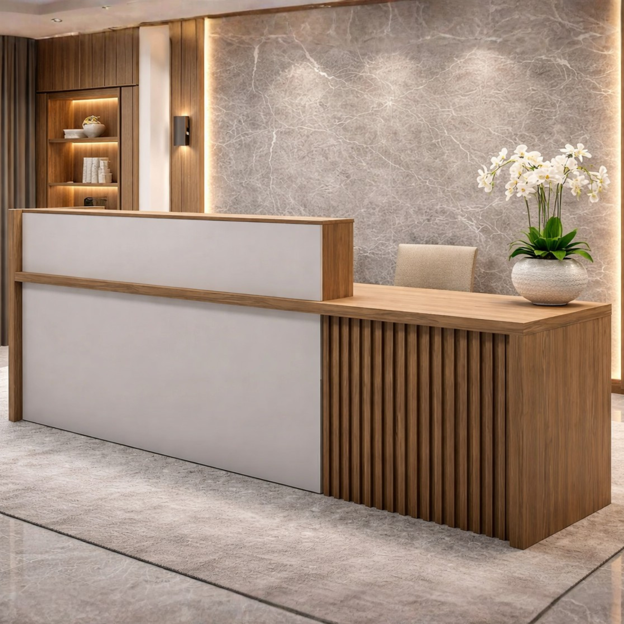 Reception Table Made In Engineered Wood with A Seating Capacity of One To Two Persons It Is Designed In A Combination of Seagull Grey and Sandalwood Laminate