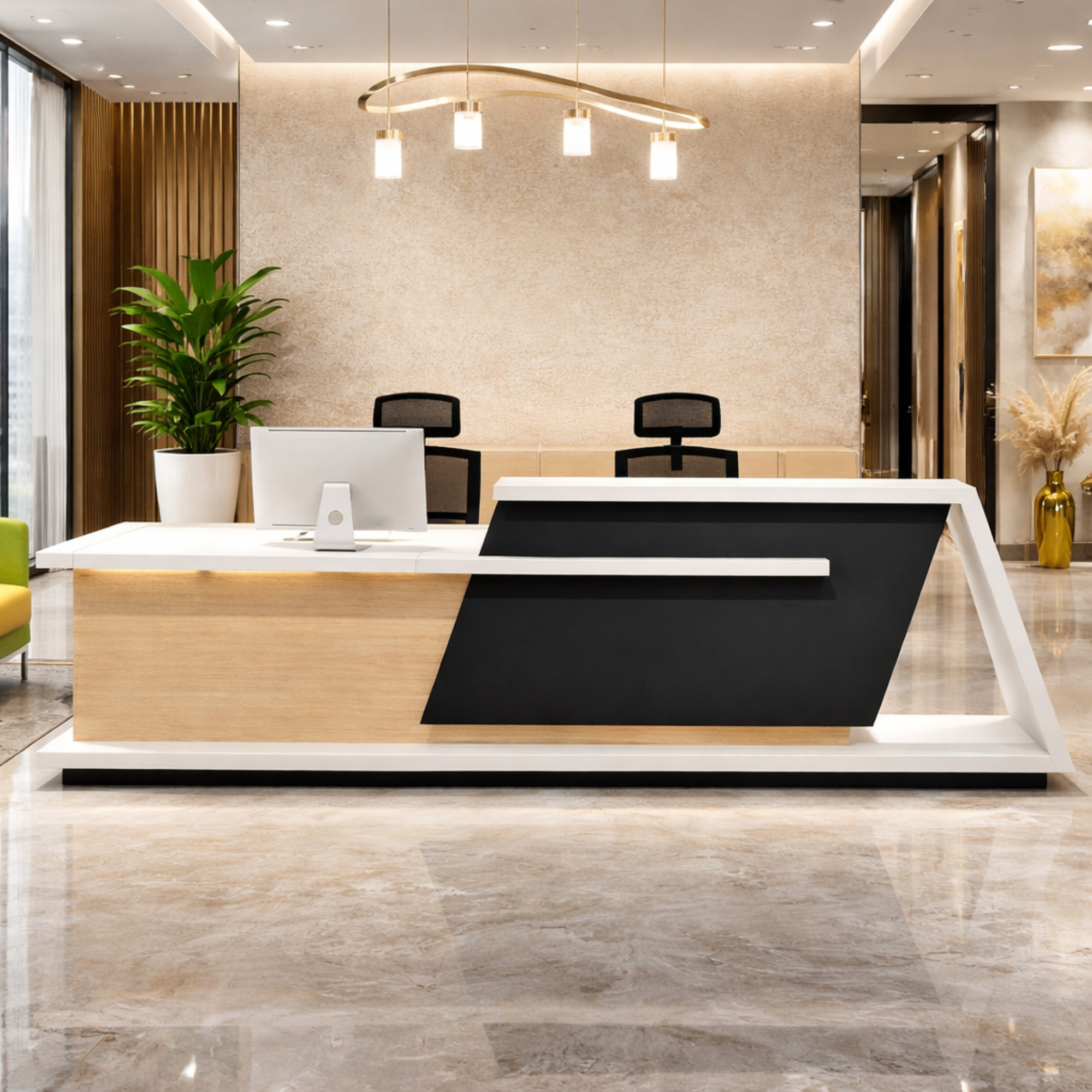 ইঞ্জিনিয়ারড কাঠ এবং ল্যামিনেট দিয়ে তৈরি রিসেপশন টেবিল, ভেতরে ওক কাঠের ফিনিশিং ব্যবহার করা হয়েছে, এছাড়াও একটি অন্তর্নির্মিত স্টোরেজ পেডেস্টাল রয়েছে।