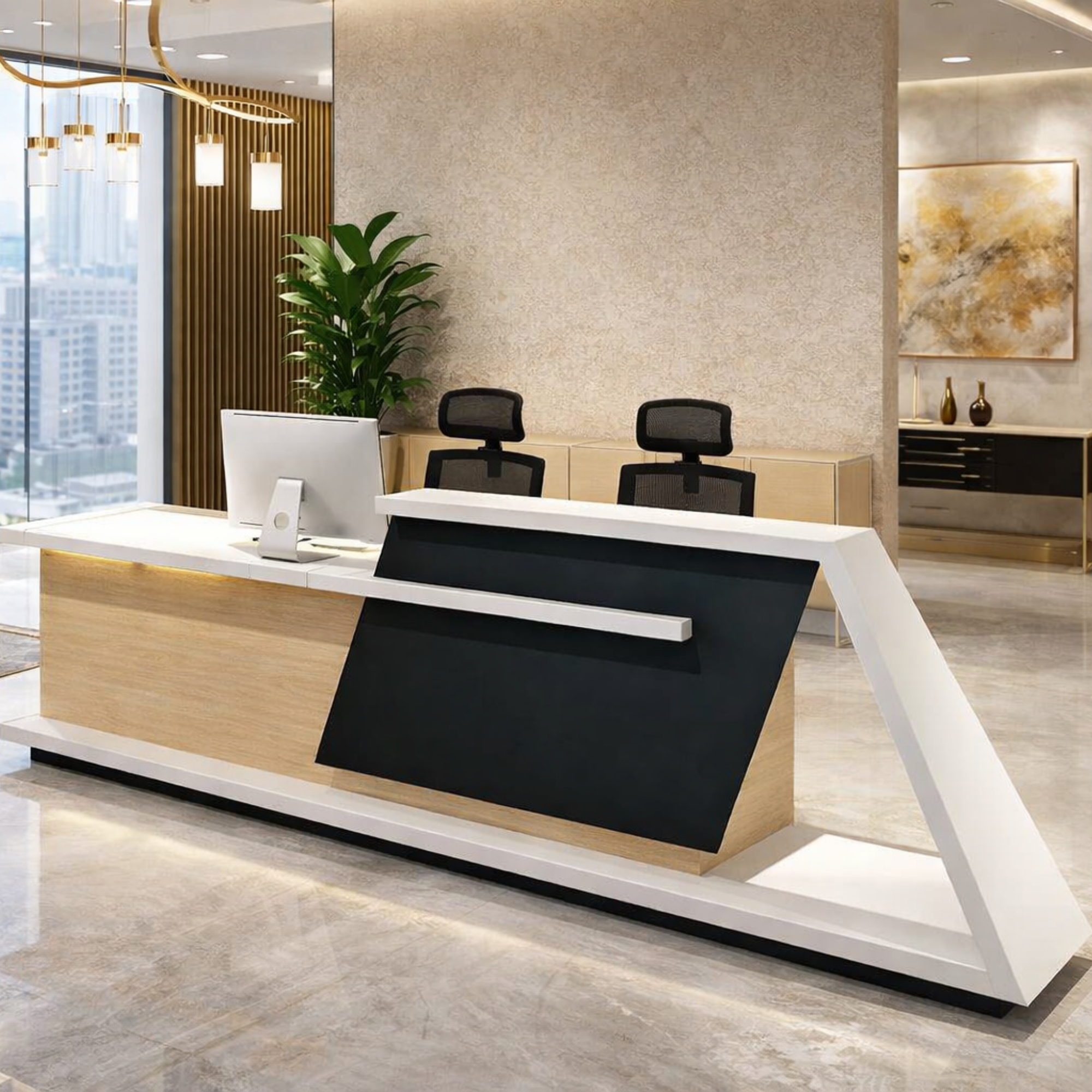 Reception table made in Engineered wood and laminate while the inside is in oak wood finish also includes one inbuilt storage pedestal