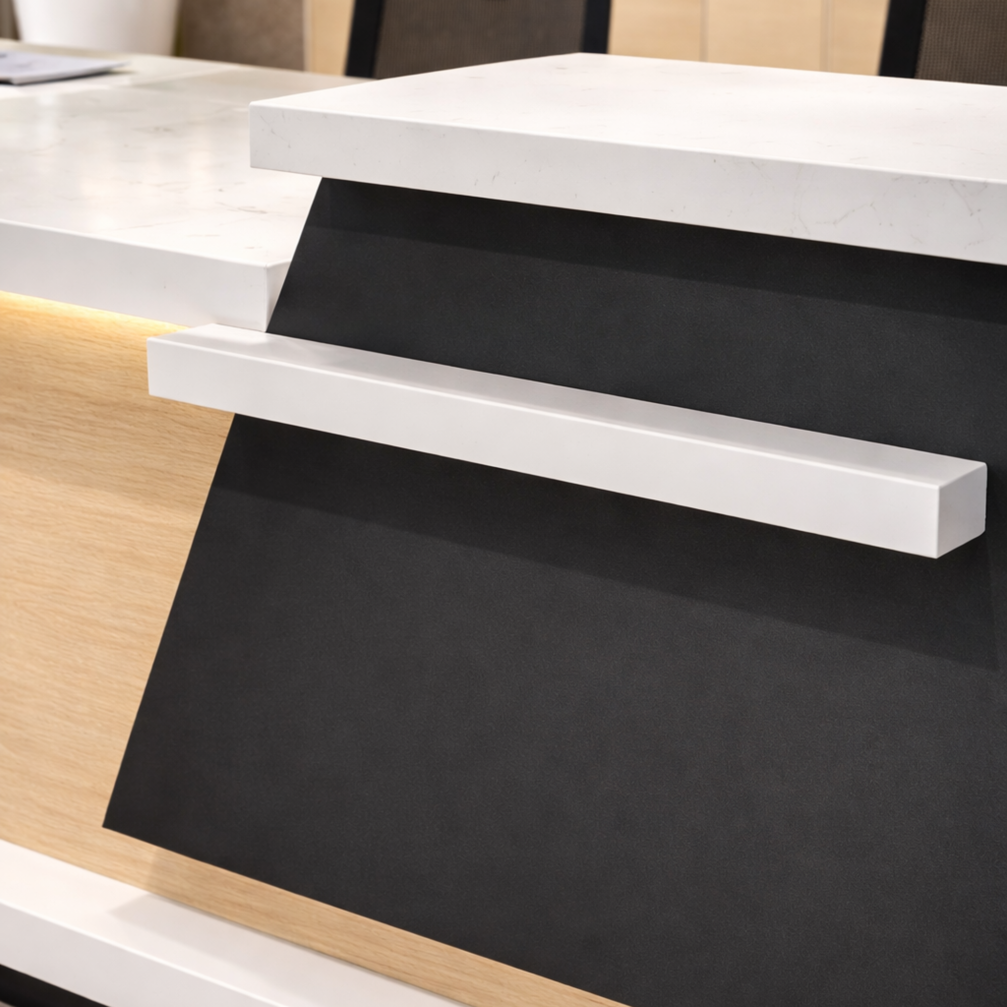 Reception table made in Engineered wood and laminate while the inside is in oak wood finish also includes one inbuilt storage pedestal