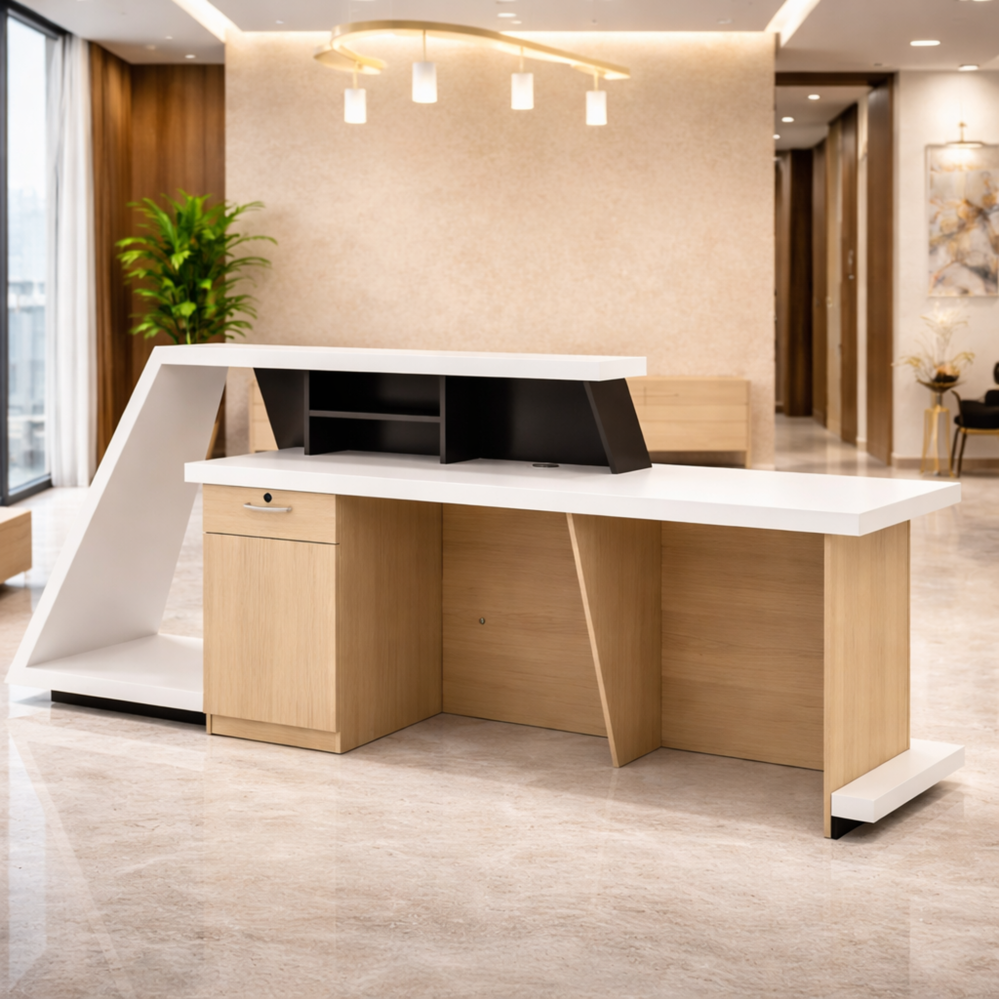 Reception table made in Engineered wood and laminate while the inside is in oak wood finish also includes one inbuilt storage pedestal