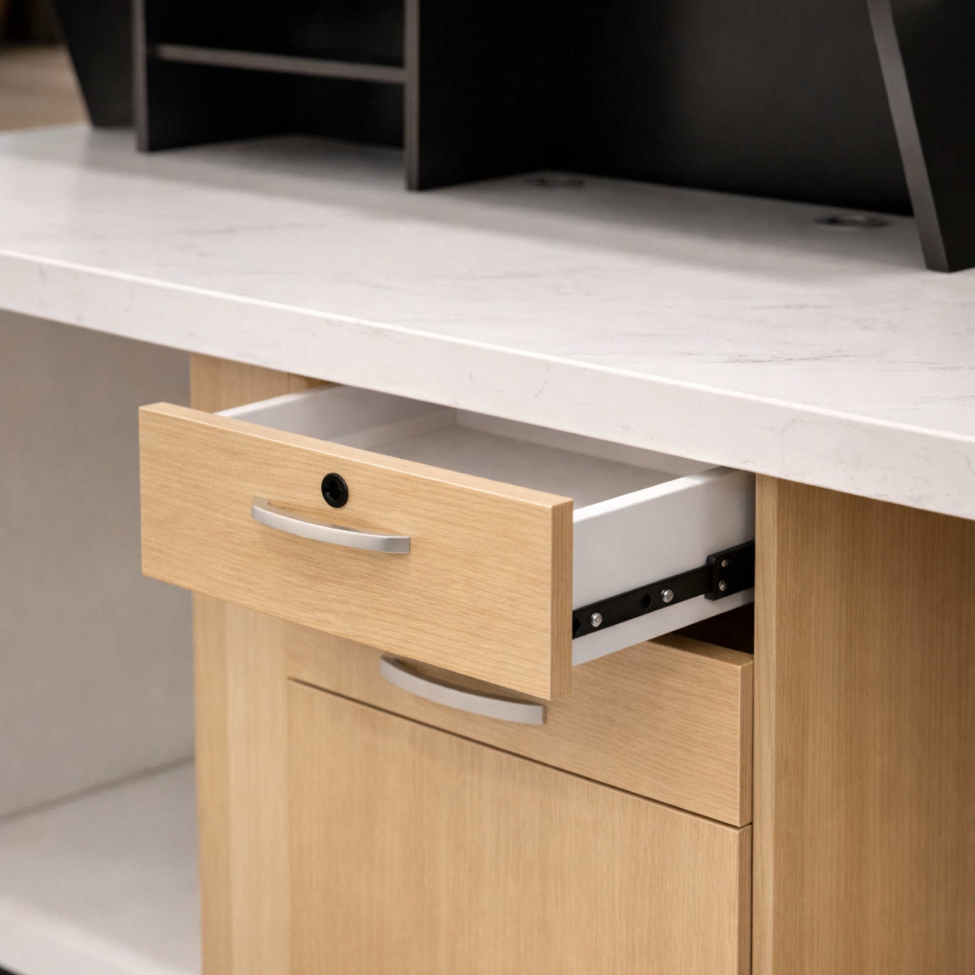 Reception table made in Engineered wood and laminate while the inside is in oak wood finish also includes one inbuilt storage pedestal