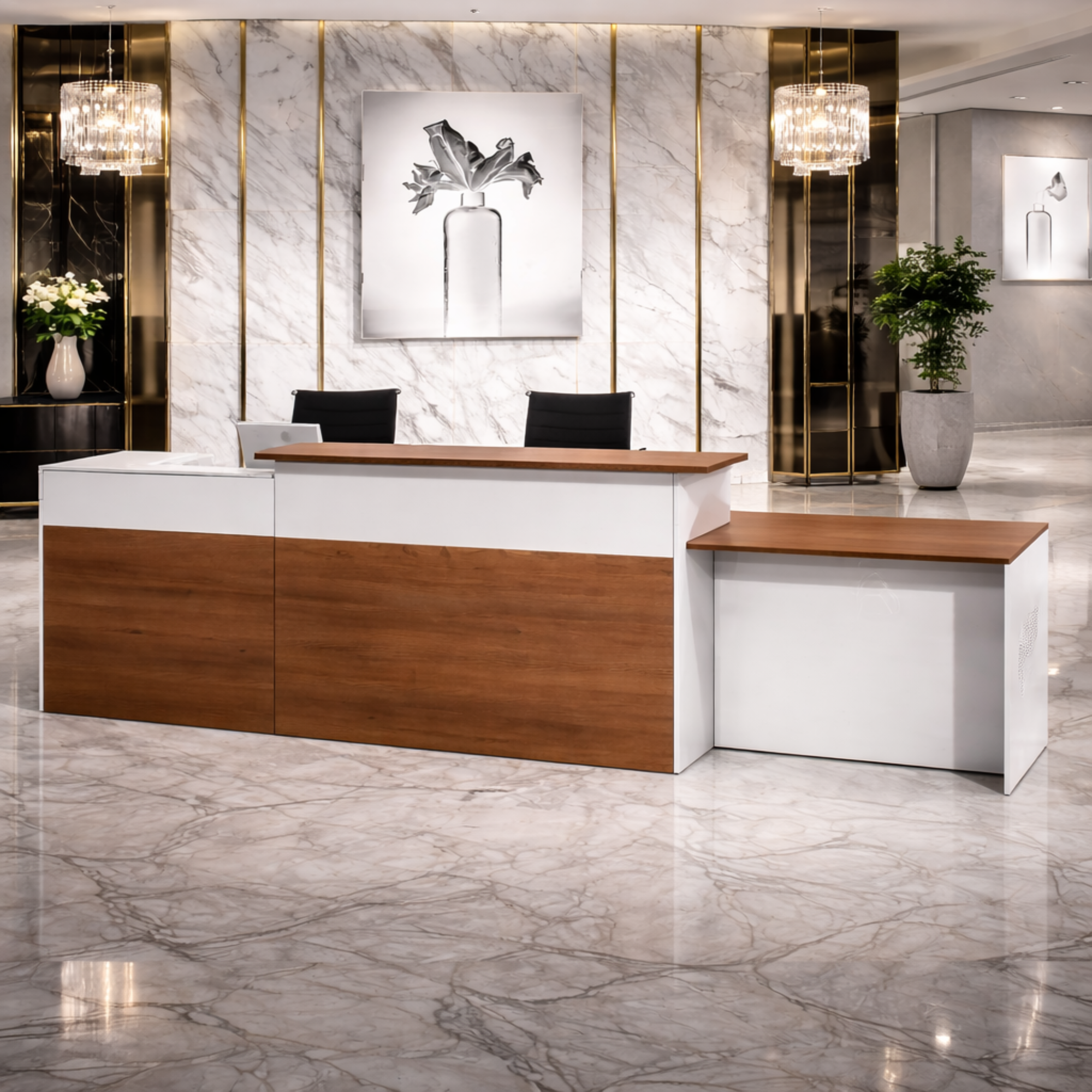 ইঞ্জিনিয়ারড কাঠ এবং ল্যামিনেটে তৈরি অভ্যর্থনা টেবিল একটি দুর্দান্ত, অত্যন্ত টেকসই উপাদান এবং প্রিমিয়াম আসবাবপত্রের জন্য একটি বিশ্বমানের