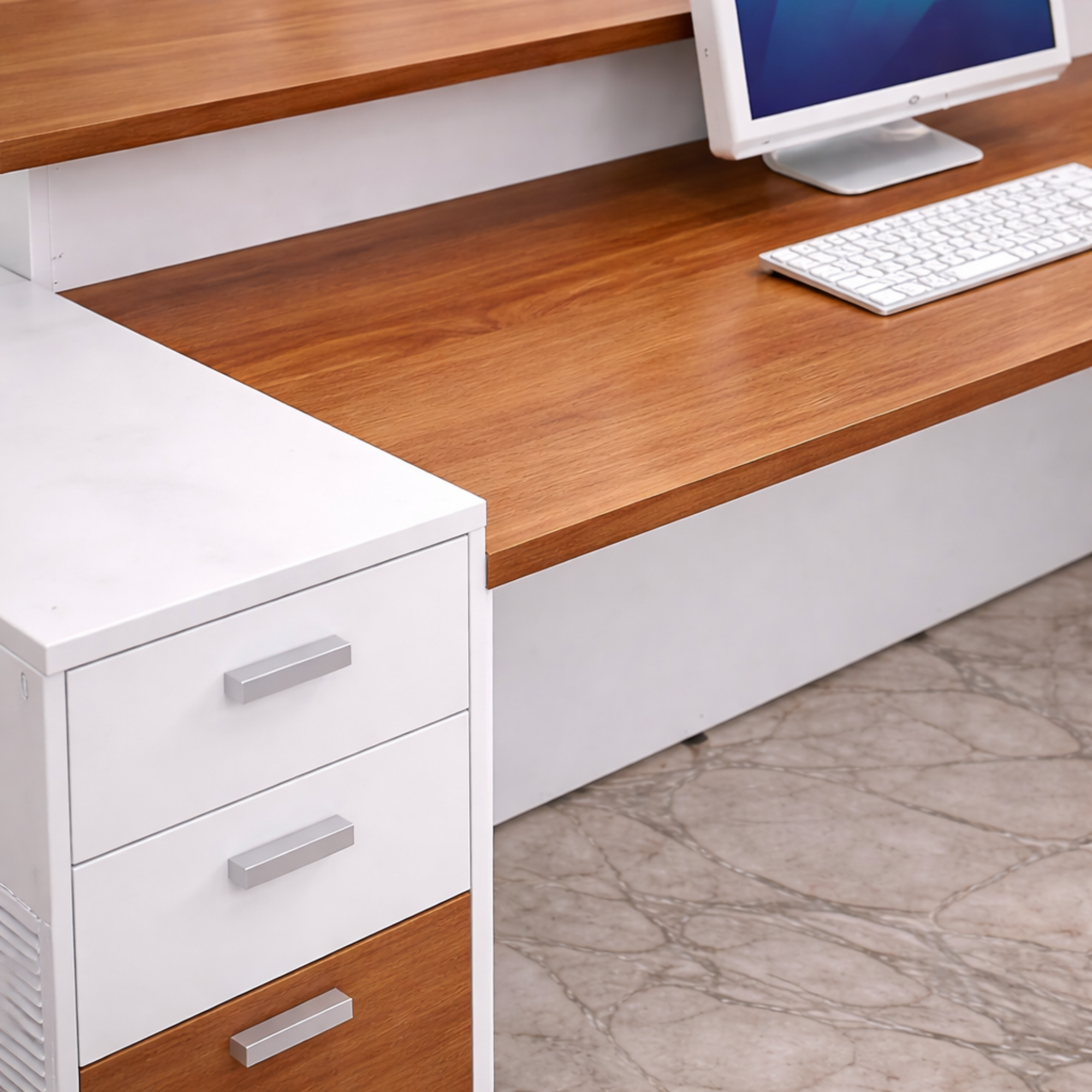 ইঞ্জিনিয়ারড কাঠ এবং ল্যামিনেটে তৈরি অভ্যর্থনা টেবিল একটি দুর্দান্ত, অত্যন্ত টেকসই উপাদান এবং প্রিমিয়াম আসবাবপত্রের জন্য একটি বিশ্বমানের