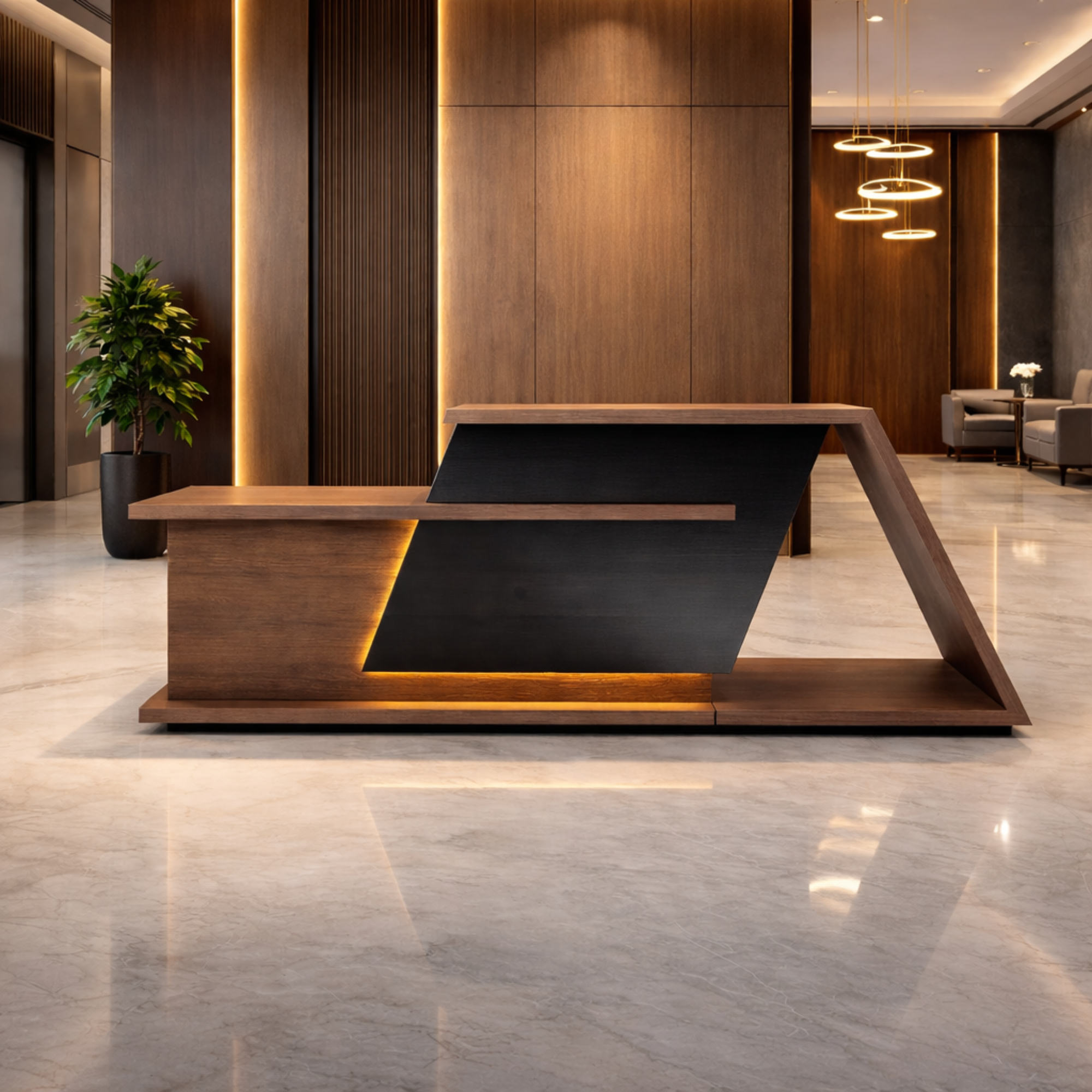 ইঞ্জিনিয়ারড কাঠ দিয়ে তৈরি অভ্যর্থনা টেবিলটি আখরোট, চকচকে কালো এবং কর্দমাক্ত ধূসর ল্যামিনেটের সংমিশ্রণে তৈরি। অন্তর্নির্মিত ওয়্যার ম্যানেজমেন্ট গ্রোমেট দিয়ে ডিজাইন করা হয়েছে