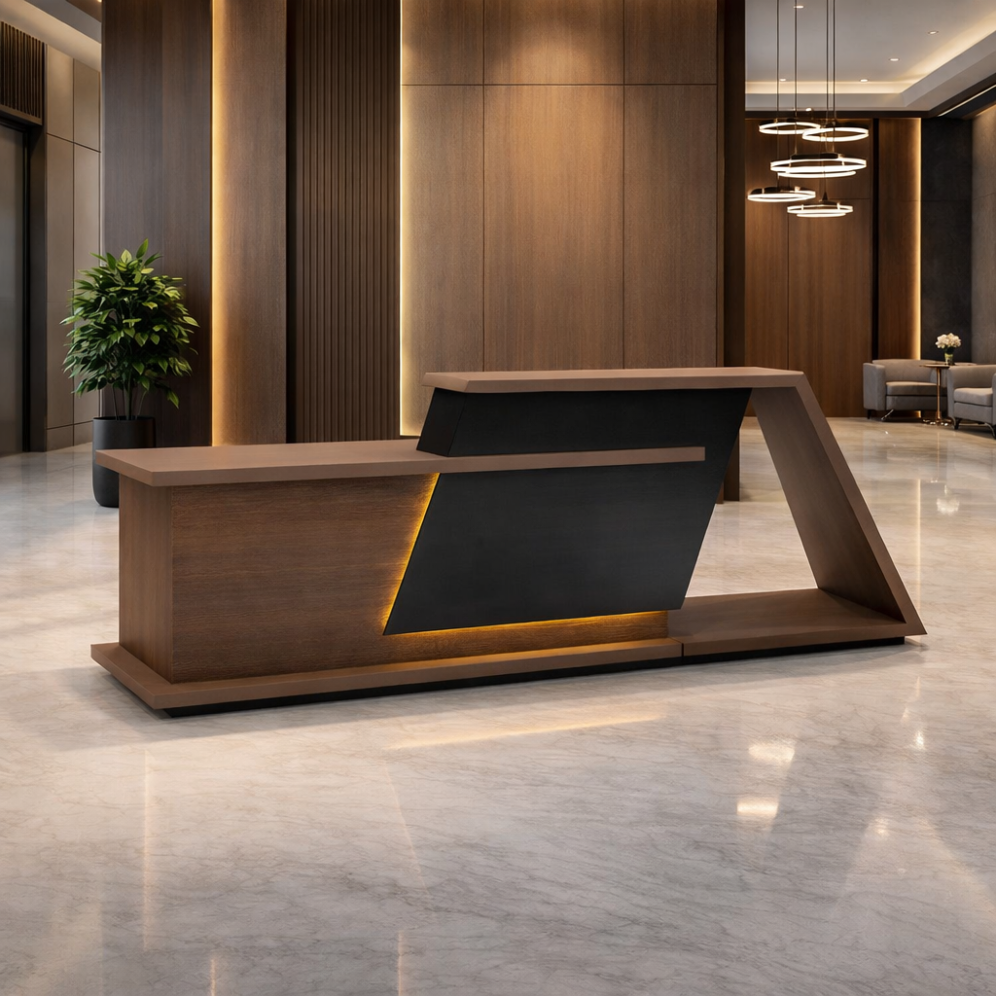 ইঞ্জিনিয়ারড কাঠ দিয়ে তৈরি অভ্যর্থনা টেবিলটি আখরোট, চকচকে কালো এবং কর্দমাক্ত ধূসর ল্যামিনেটের সংমিশ্রণে তৈরি। অন্তর্নির্মিত ওয়্যার ম্যানেজমেন্ট গ্রোমেট দিয়ে ডিজাইন করা হয়েছে