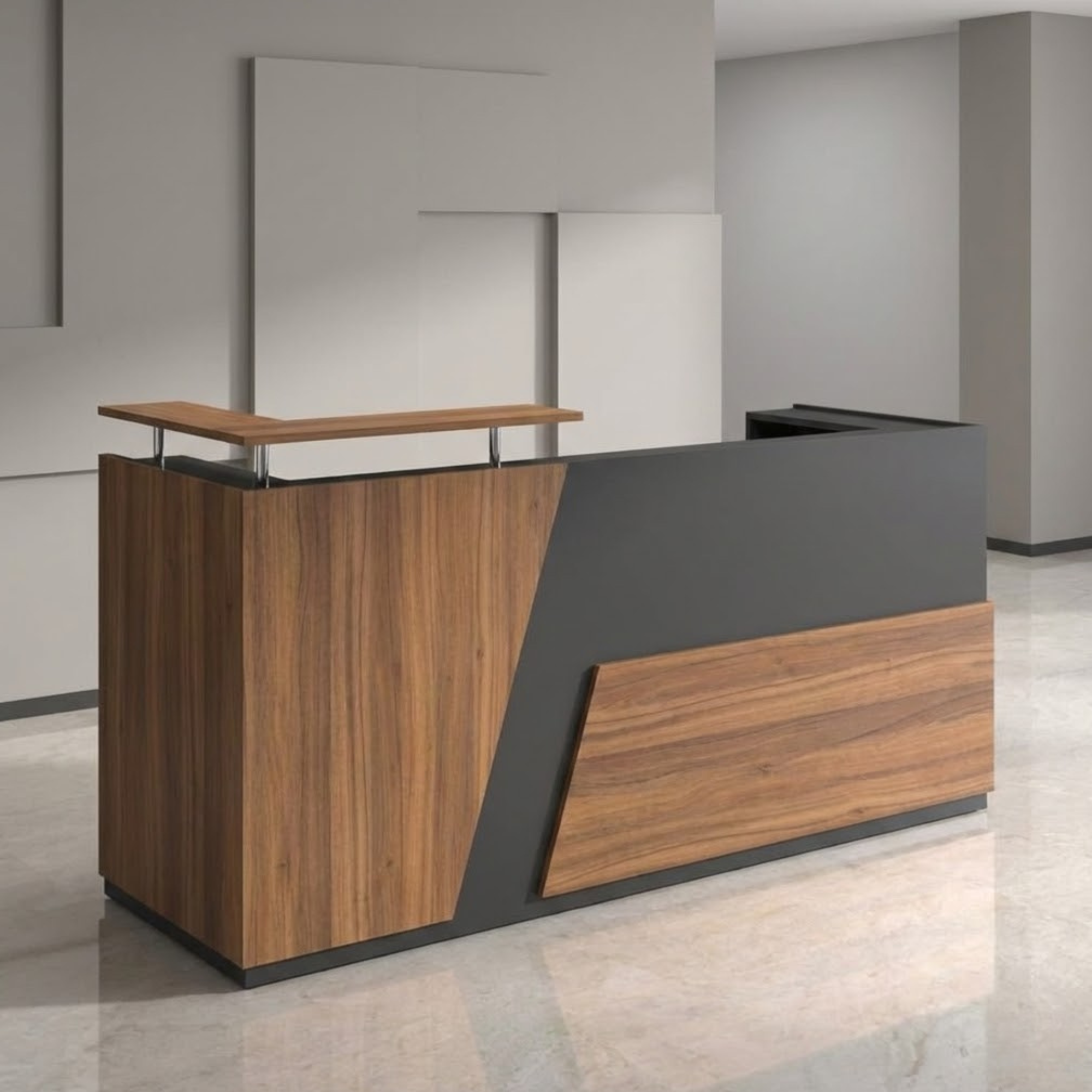 रिसेप्शन टेबल प्री-लैमिनेटेड पार्टिकल बोर्ड से बनी है, 1 दराज और 1 शटर, सागौन की लकड़ी की फिनिश के साथ - भूरा रंग