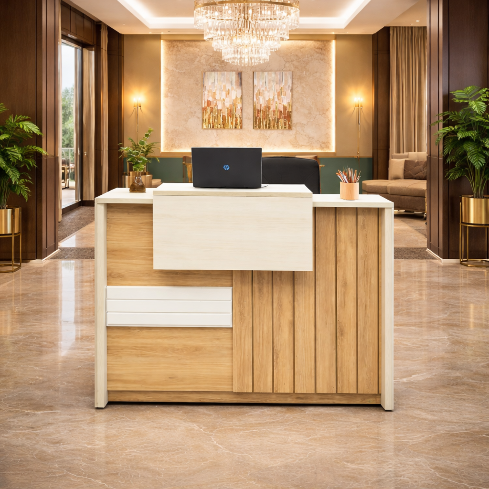 Rustic Reception Table Made in Engineered Wood with Lockable Drawer & Additional Shelves