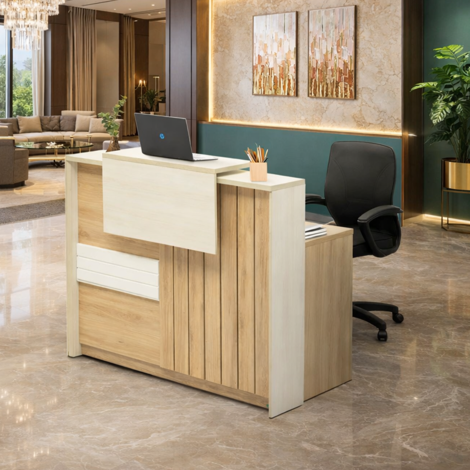 Rustic Reception Table Made in Engineered Wood with Lockable Drawer & Additional Shelves