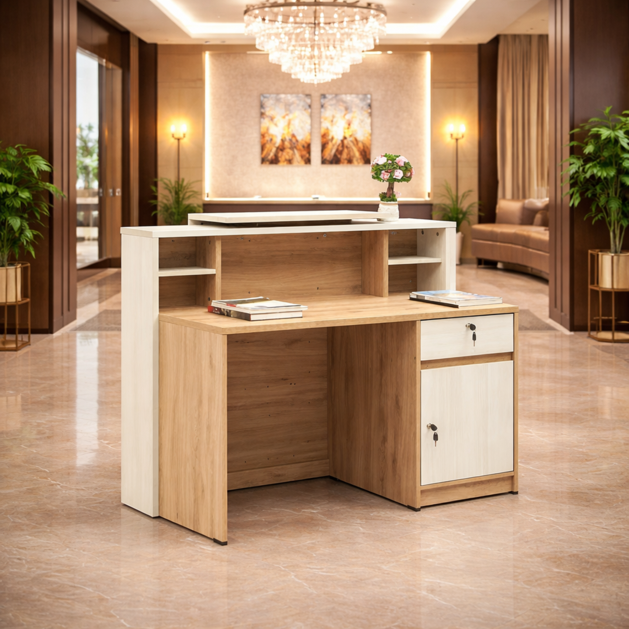 Rustic Reception Table Made in Engineered Wood with Lockable Drawer & Additional Shelves