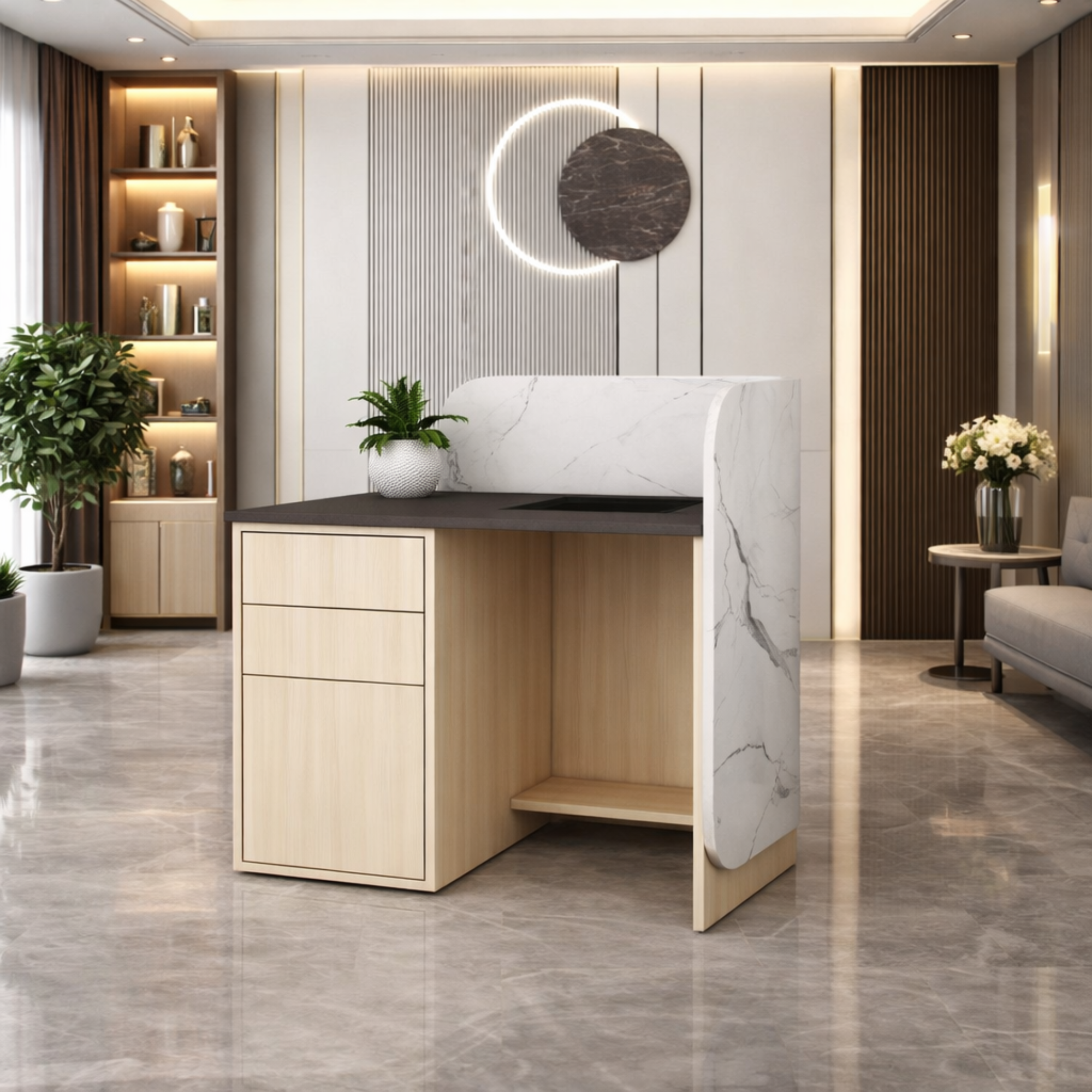 Reception Table Made in Plyboard and Laminate with 2 Drawers & storage - White & Grey