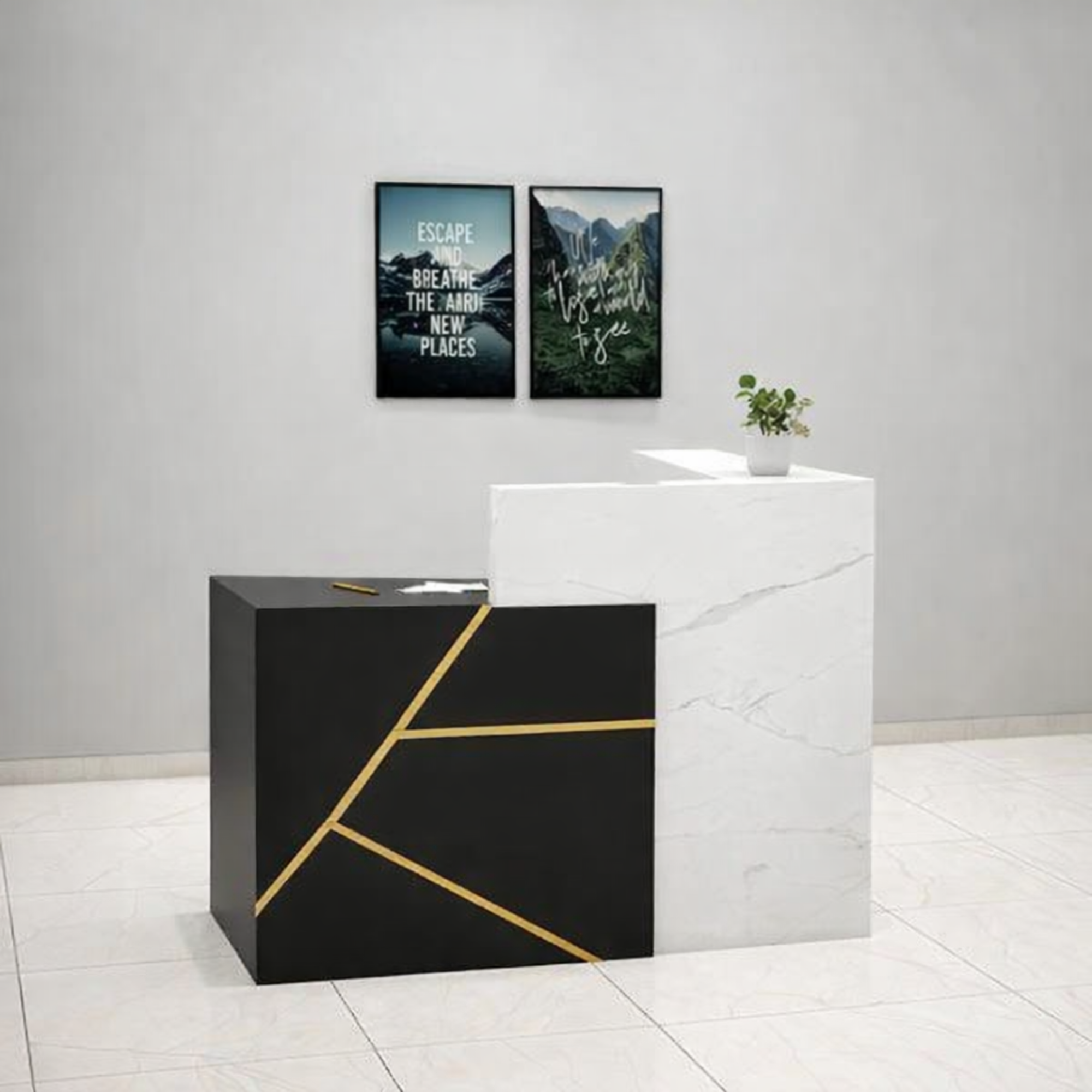 Reception Table Made In Plywood with 1 Drawer, 1 Shutter Unit and Open Space - Black & White