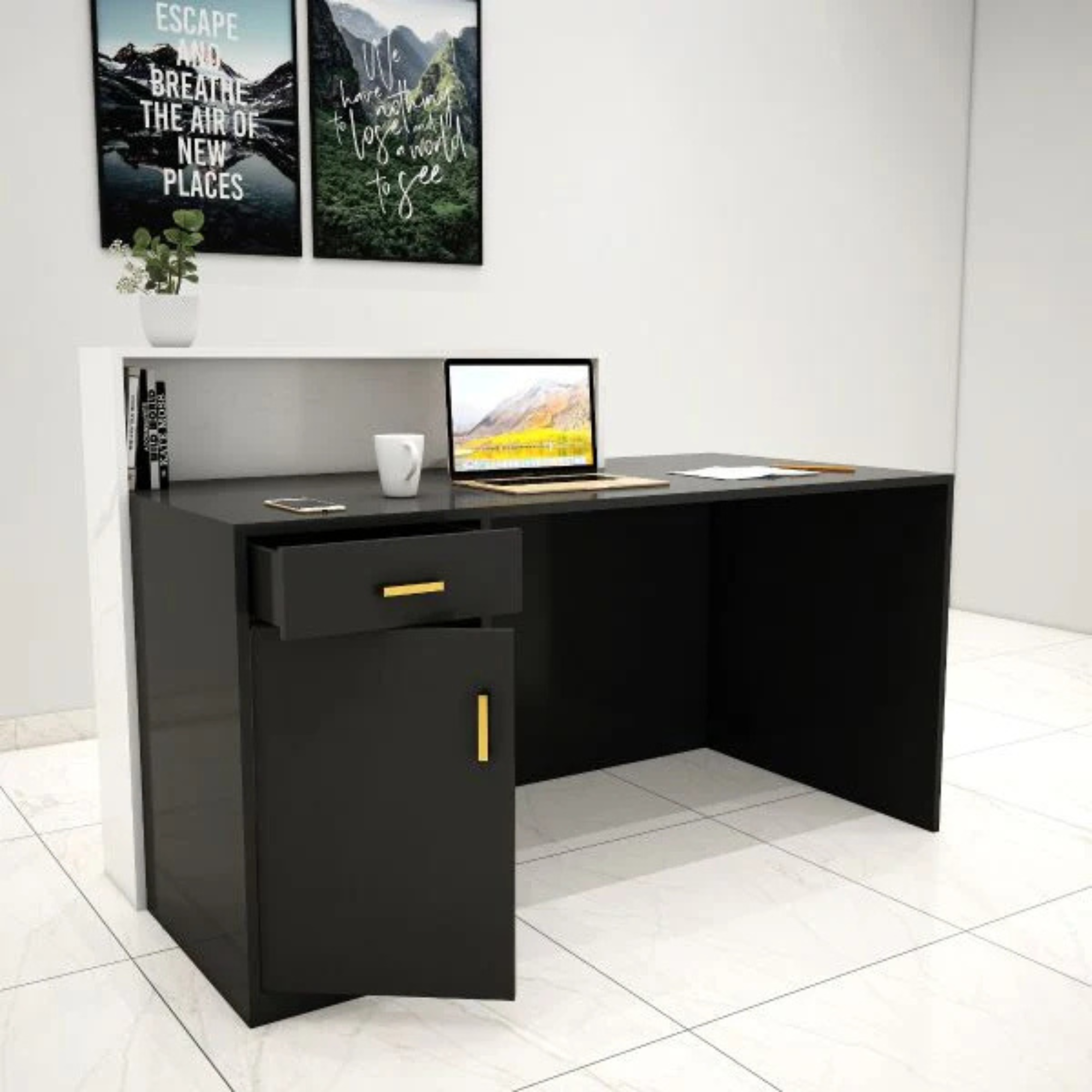 Reception Table Made In Plywood with 1 Drawer, 1 Shutter Unit and Open Space - Black & White