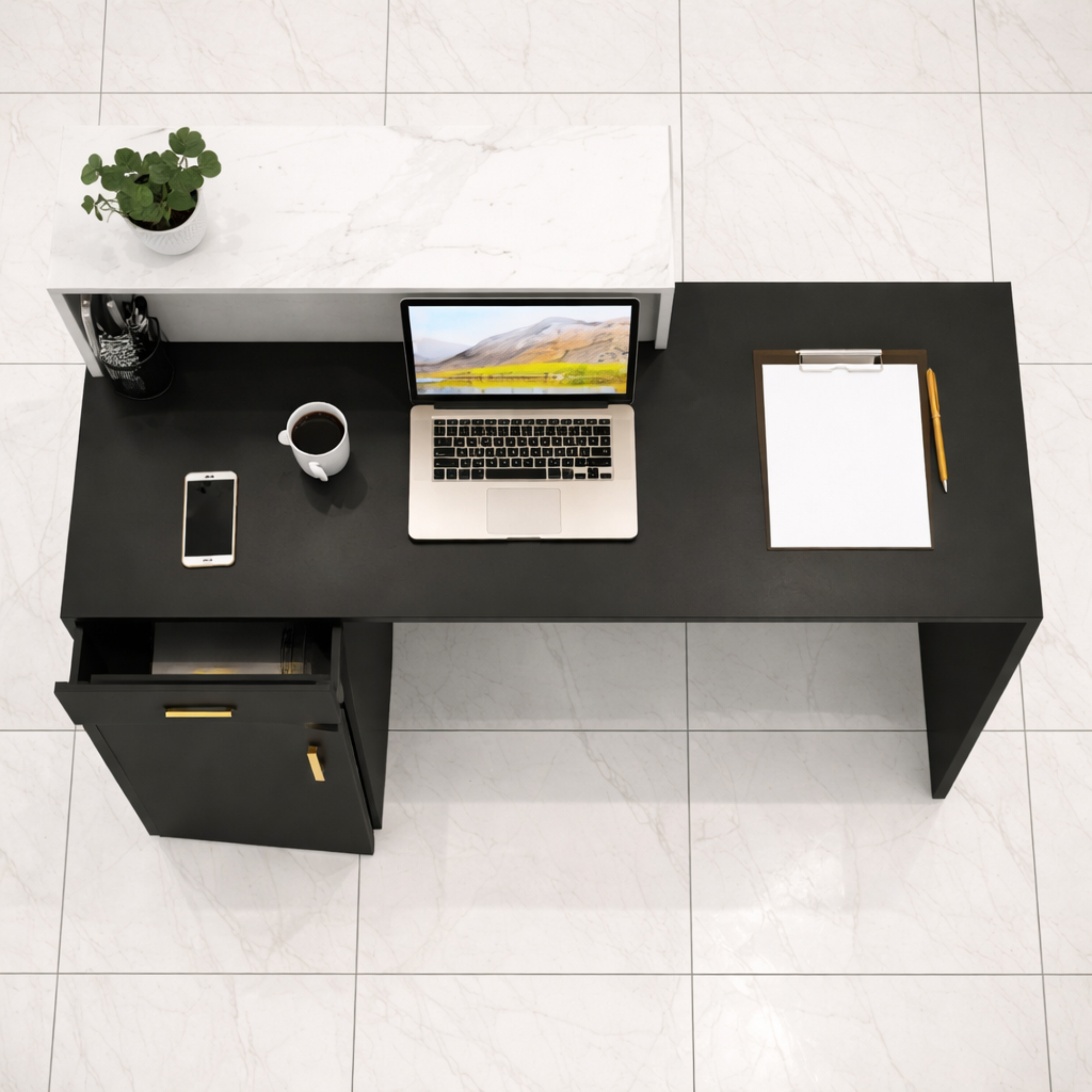 Reception Table Made In Plywood with 1 Drawer, 1 Shutter Unit and Open Space - Black & White