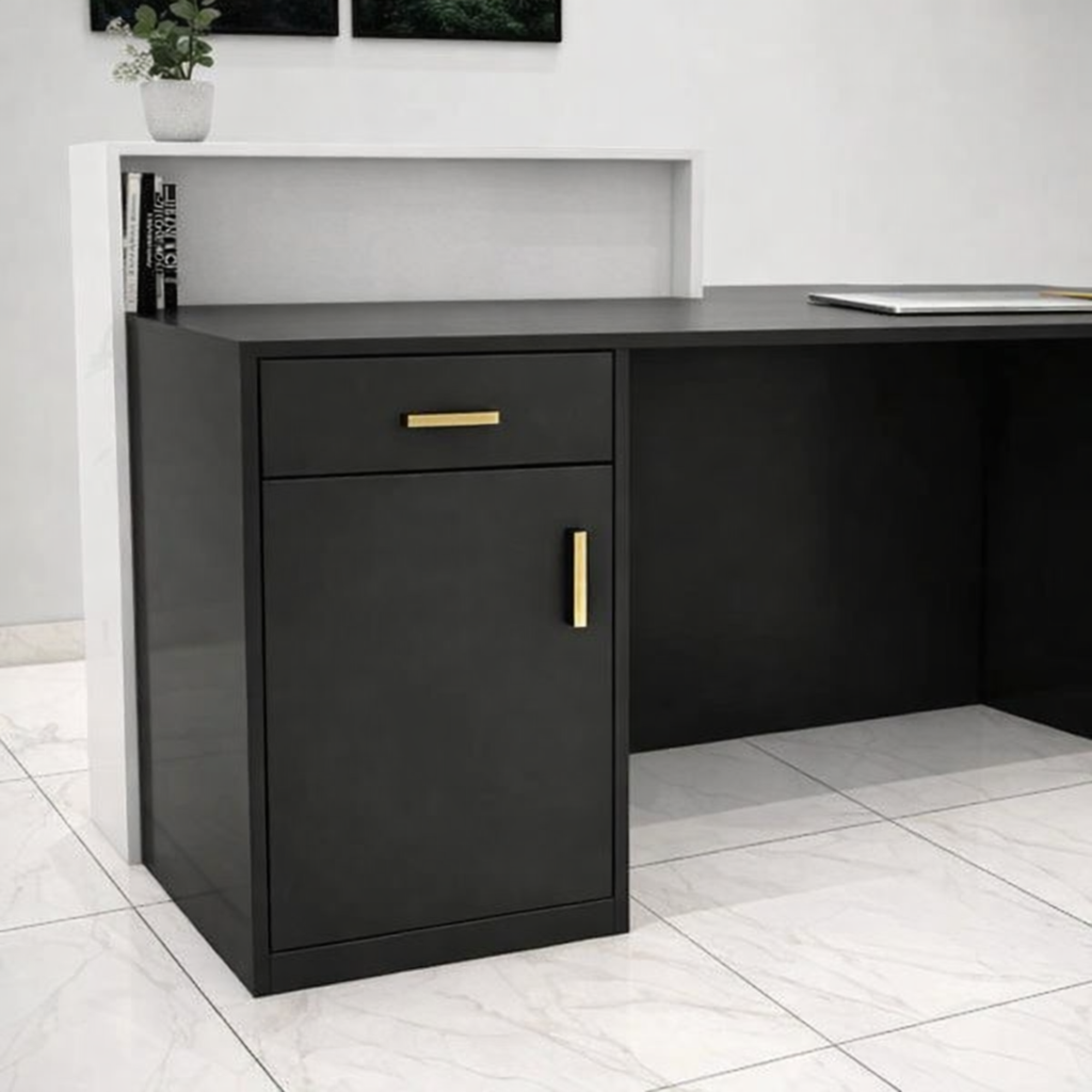 Reception Table Made In Plywood with 1 Drawer, 1 Shutter Unit and Open Space - Black & White