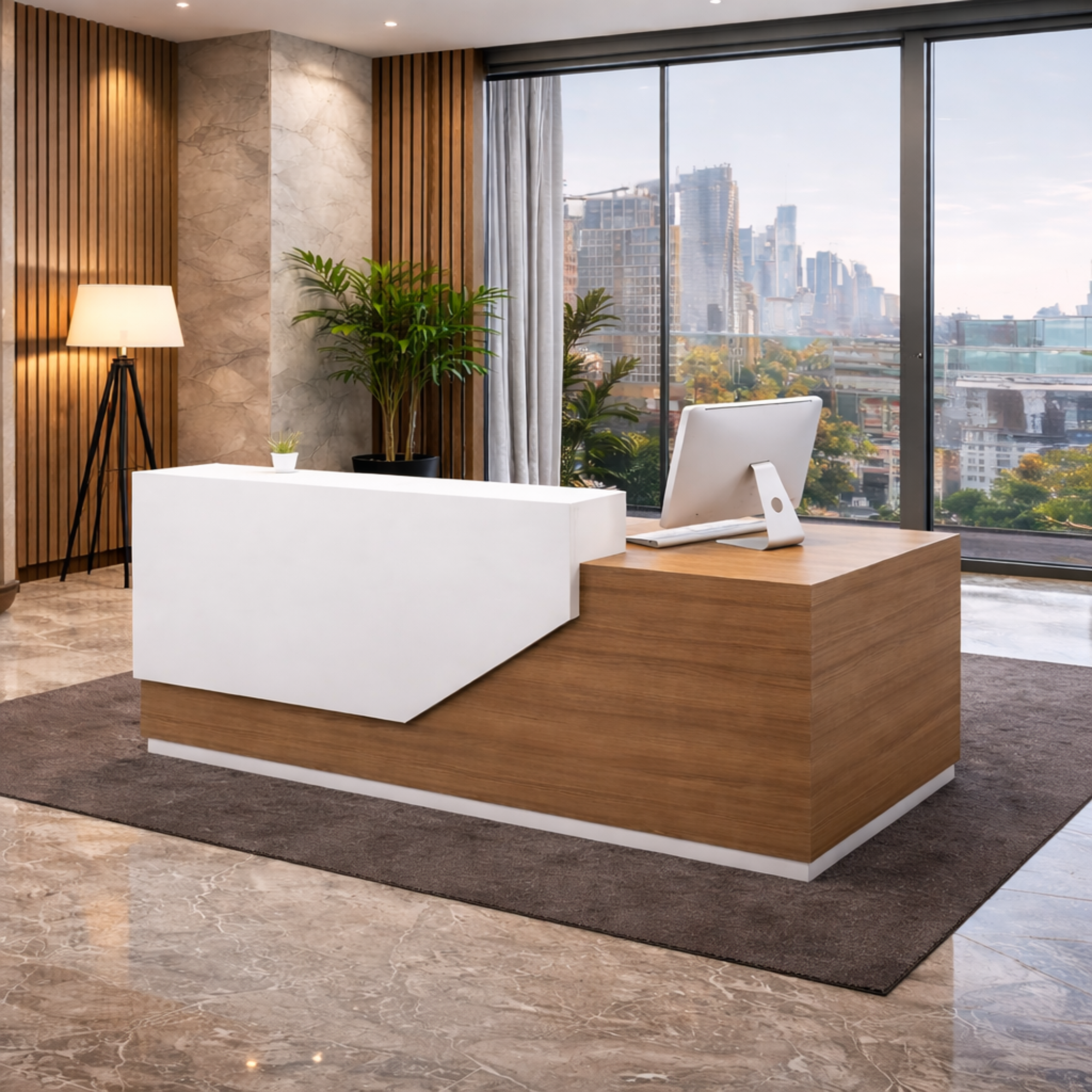 উভয় পাশে ইঞ্জিনিয়ারড কাঠের তৈরি অভ্যর্থনা টেবিল ১টি ড্রয়ার, ১টি শাটার ইউনিট এবং - বাদামী এবং সাদা