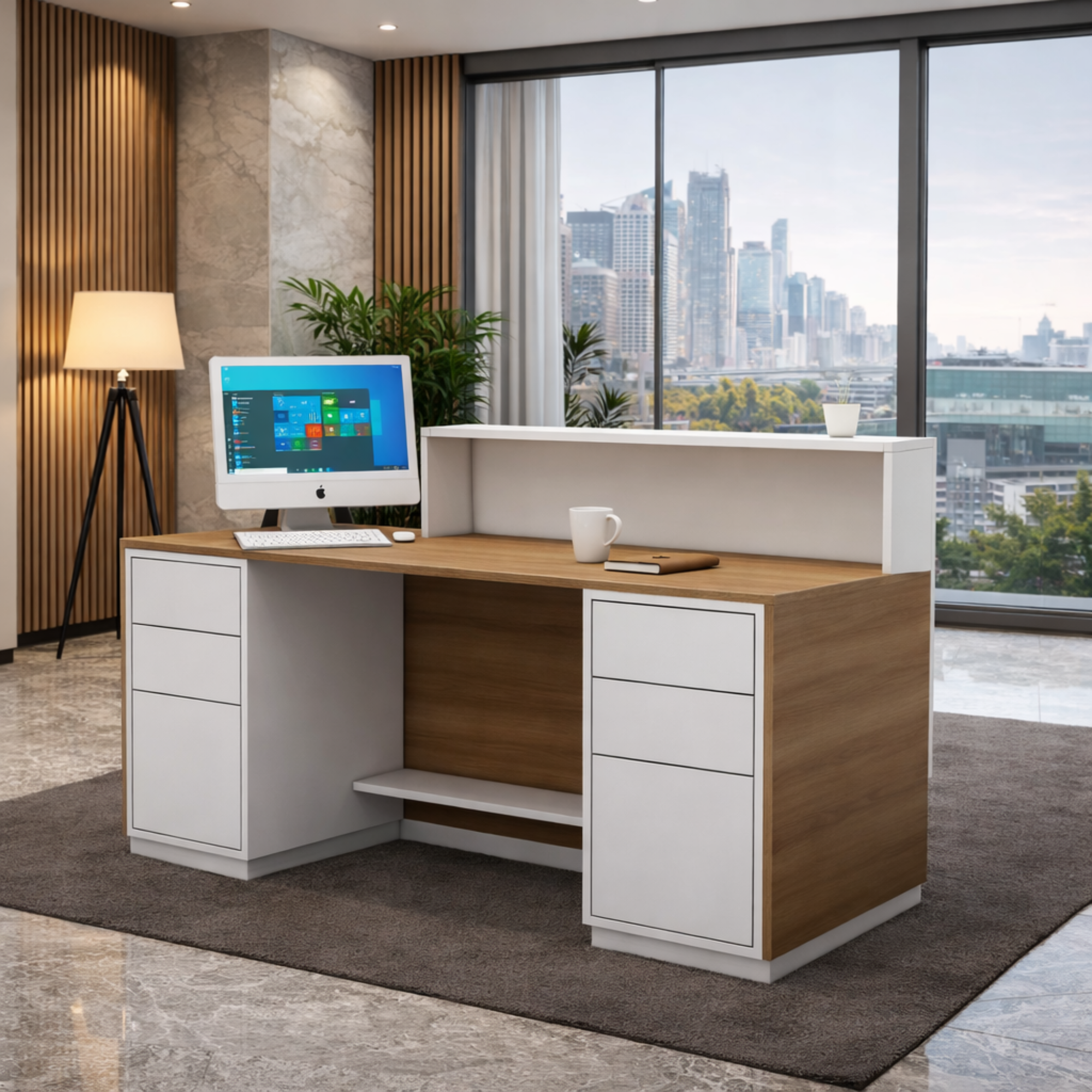 উভয় পাশে ইঞ্জিনিয়ারড কাঠের তৈরি অভ্যর্থনা টেবিল ১টি ড্রয়ার, ১টি শাটার ইউনিট এবং - বাদামী এবং সাদা