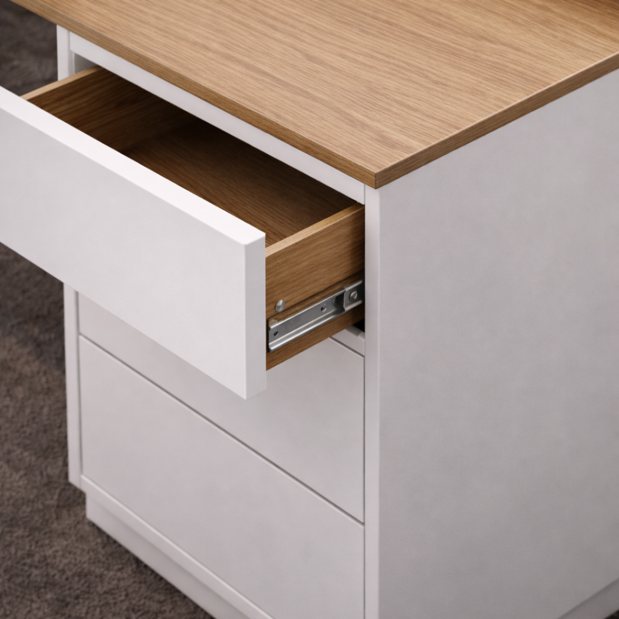 উভয় পাশে ইঞ্জিনিয়ারড কাঠের তৈরি অভ্যর্থনা টেবিল ১টি ড্রয়ার, ১টি শাটার ইউনিট এবং - বাদামী এবং সাদা