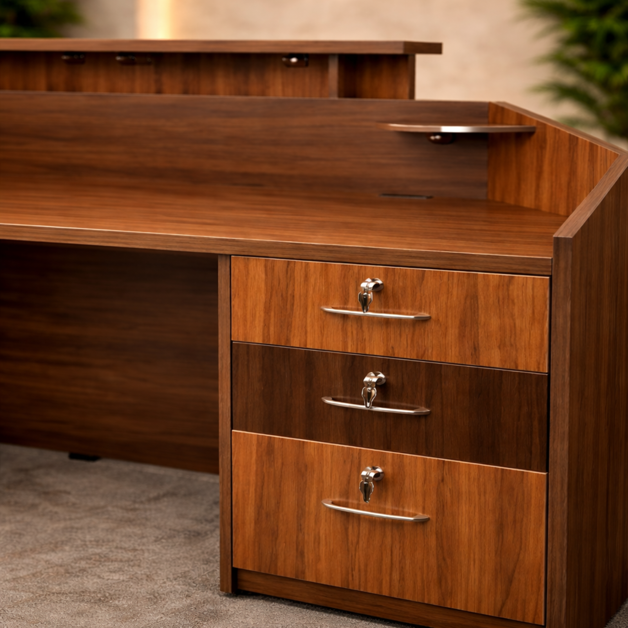 অফিসের জন্য স্টাইলিশ রিসেপশন টেবিল পার্টিকেল বোর্ড এবং সিপিইউ স্পেসে তৈরি, লকযোগ্য ড্রয়ার এবং ওয়্যার ম্যানেজার সহ - ব্রাউন