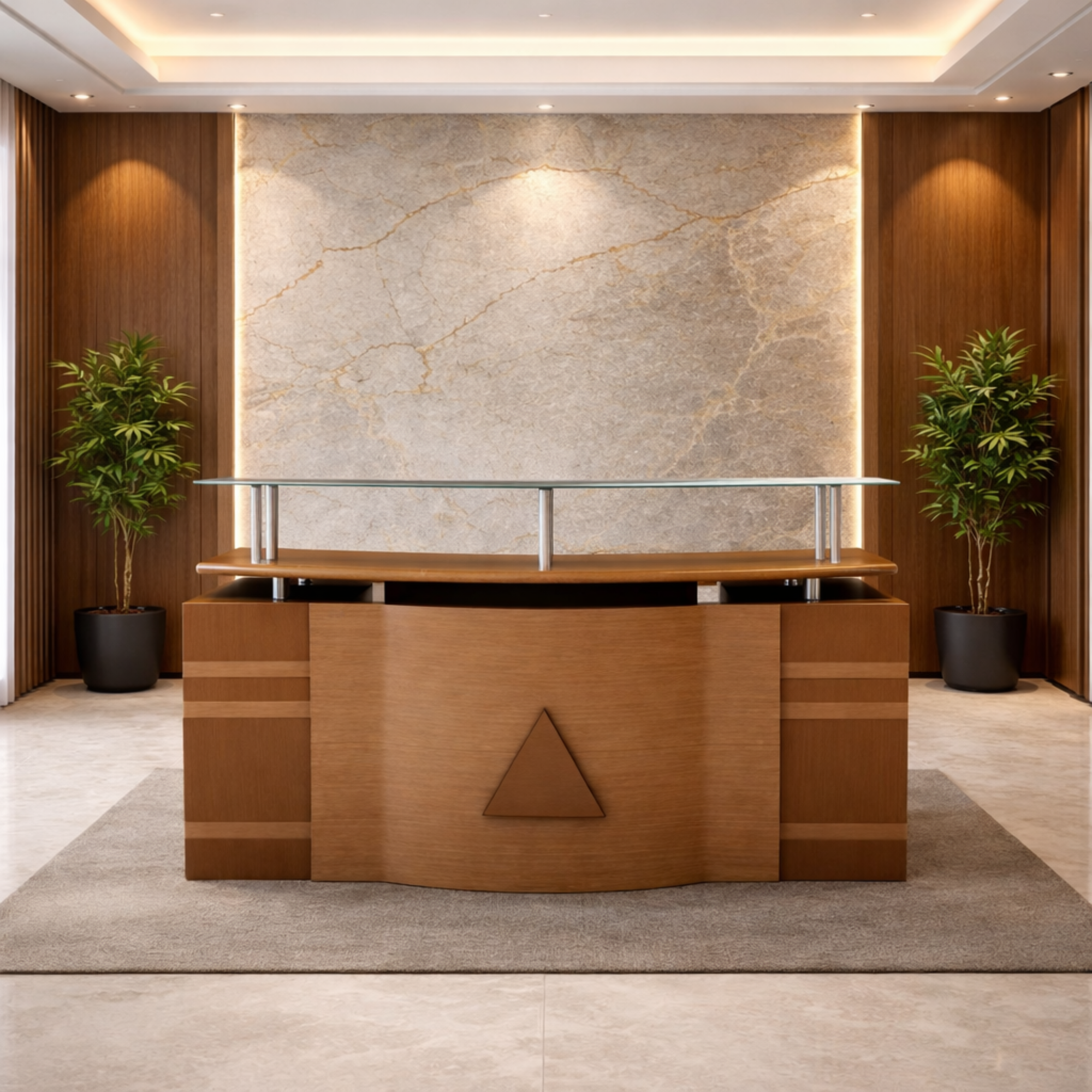 ফাইল স্টোরেজ ক্যাবিনেট, এলিভেটেড শেল্ফ এবং কাচের টপ শেল্ফ সহ প্লাই বোর্ডে তৈরি রিসেপশন টেবিল - ব্রাউন